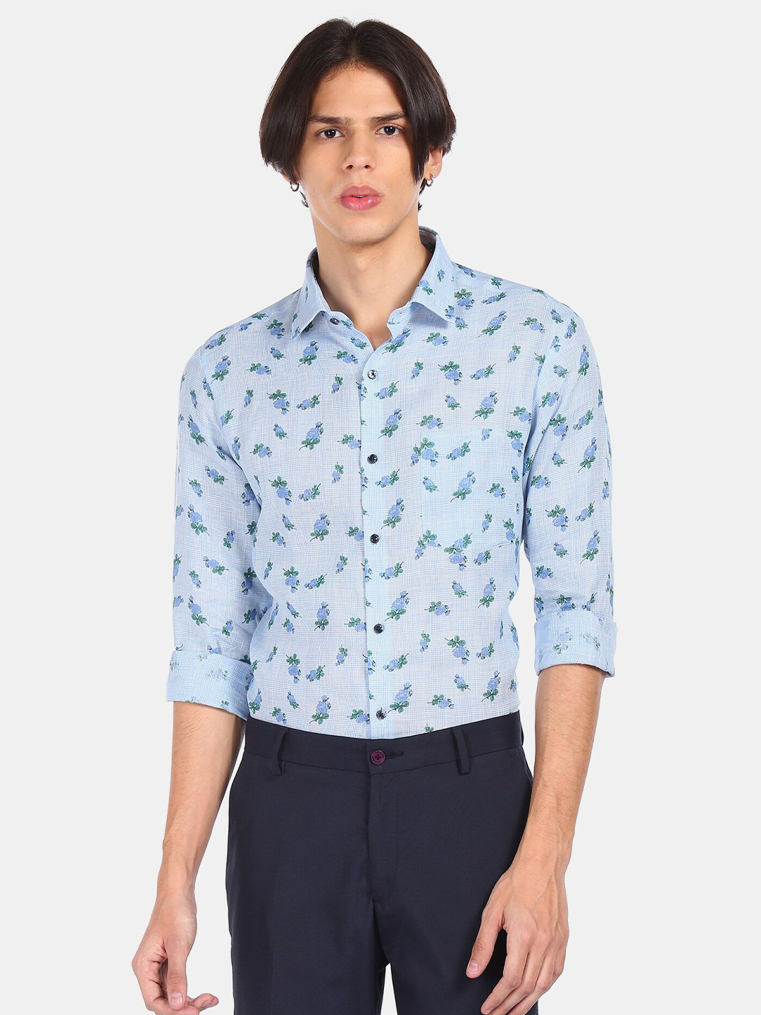 

Arrow Men Blue & Green Opaque Printed Linen Party Shirt
