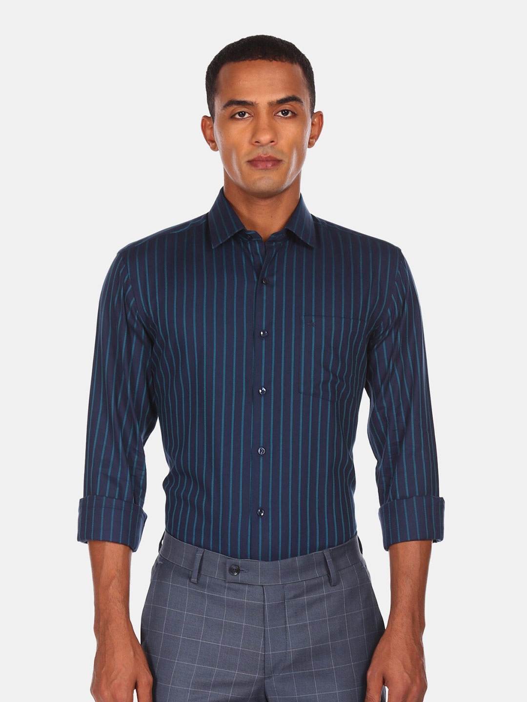 

Arrow Men Blue Opaque Striped Pure Cotton Formal Shirt