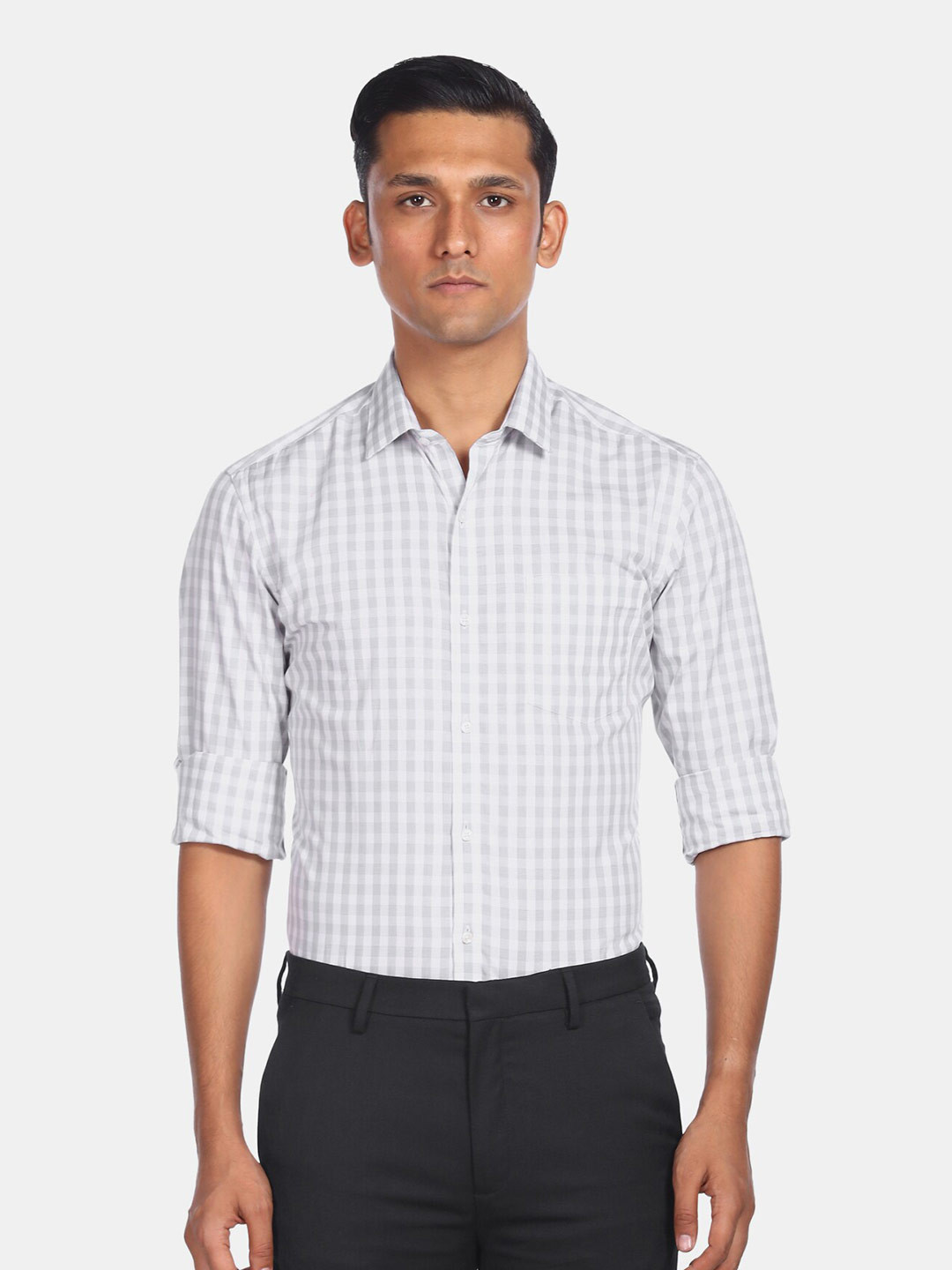 

Arrow Men Grey & White Opaque Checked Pure Cotton Formal Shirt