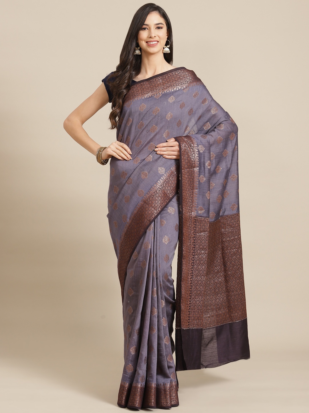 

Banarasi Style Grey & Brown Ethnic Motifs Pure Silk Muga Saree