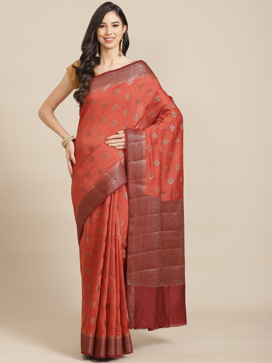

Banarasi Style Orange & Maroon Ethnic Motifs Pure Silk Muga Saree