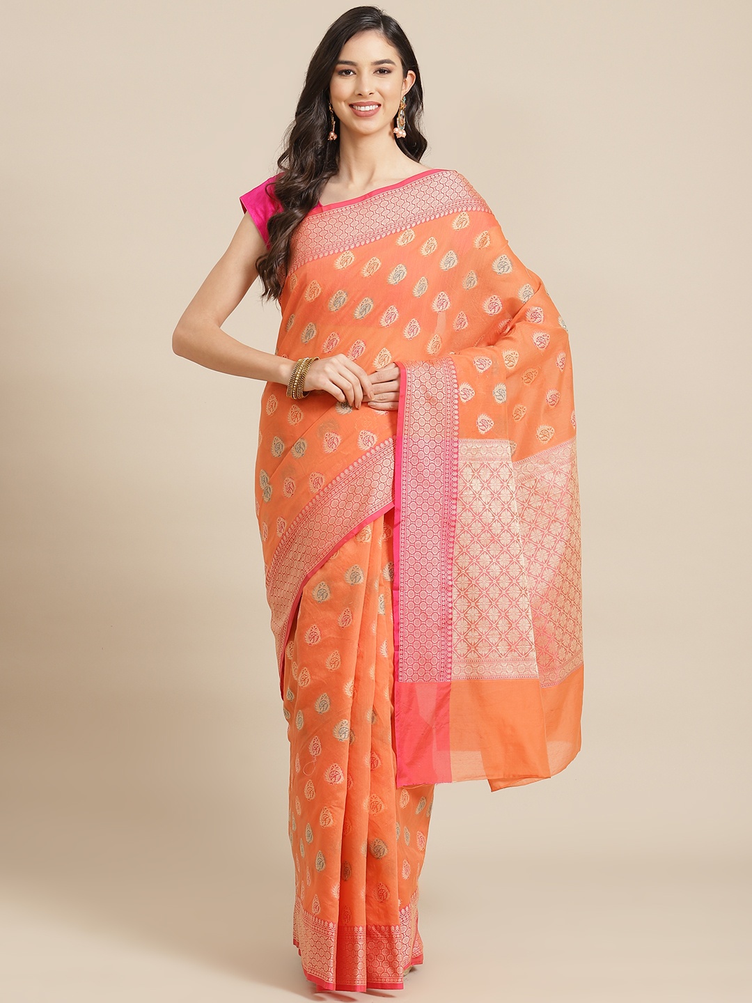 

Banarasi Style Peach-Coloured & Beige Woven Design Silk Cotton Saree