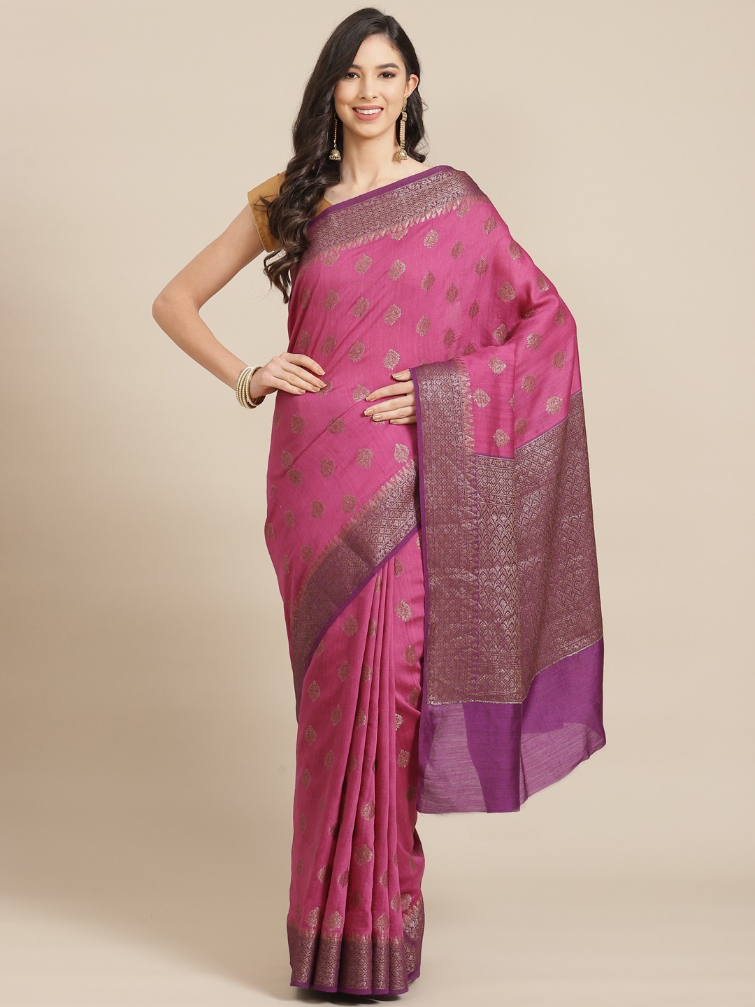 

Banarasi Style Pink & Purple Ethnic Motifs Pure Silk Muga Saree