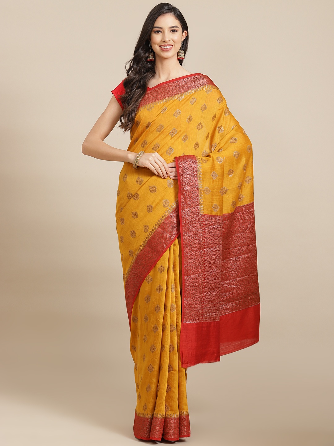 

Banarasi Style Mustard Yellow & Red Woven Design Pure Silk Muga Saree