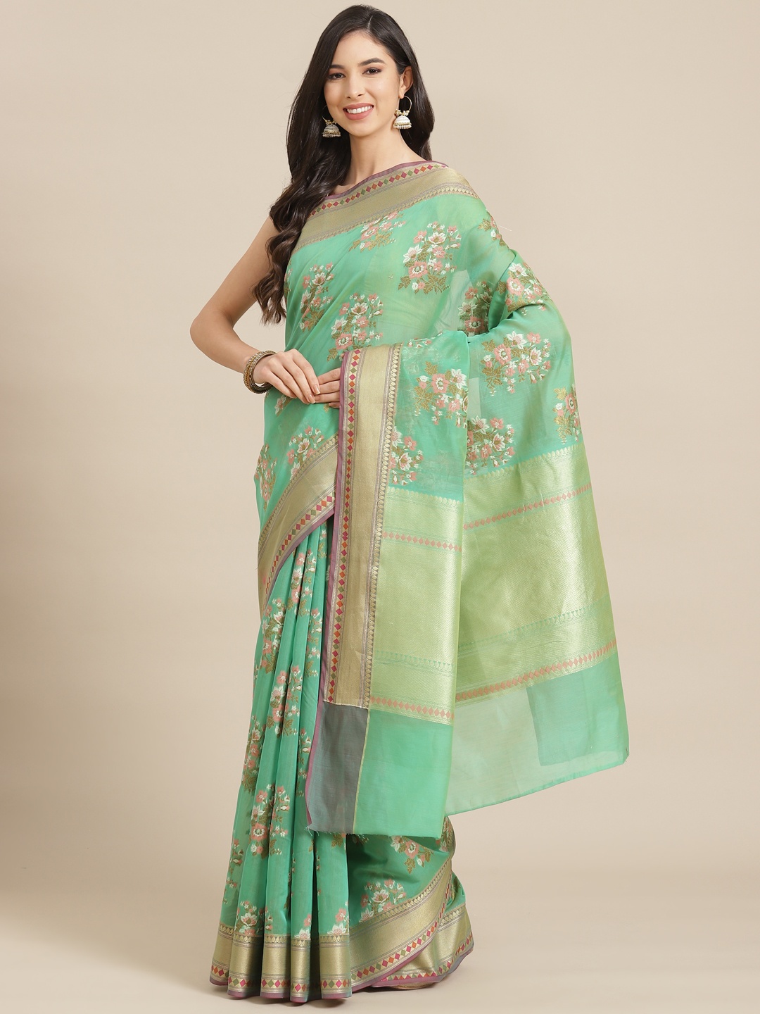 

Banarasi Style Green & Pink Woven Design Silk Cotton Saree