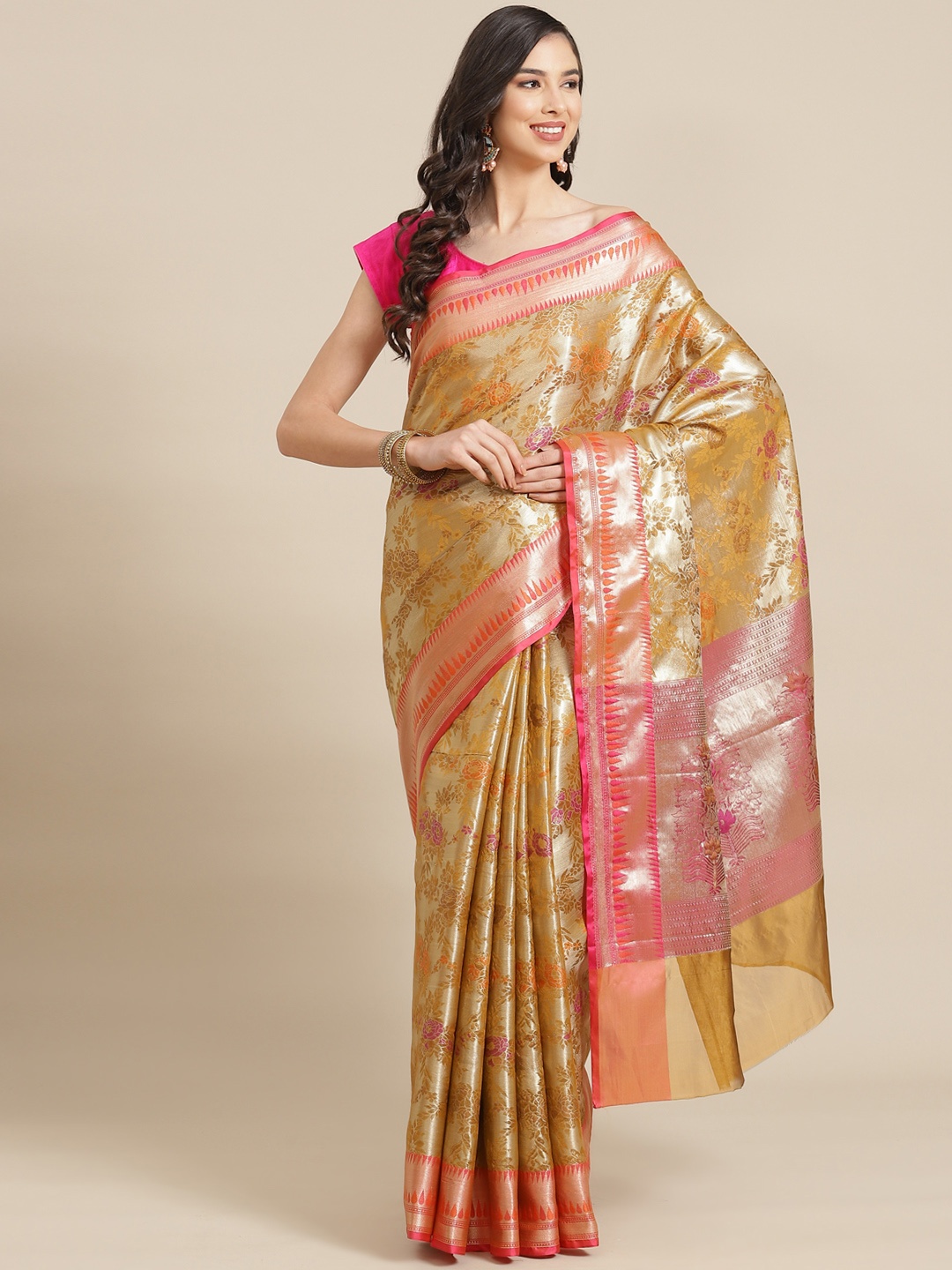 

Banarasi Style Mustard & Pink Woven Design Tissue Banarasi Saree