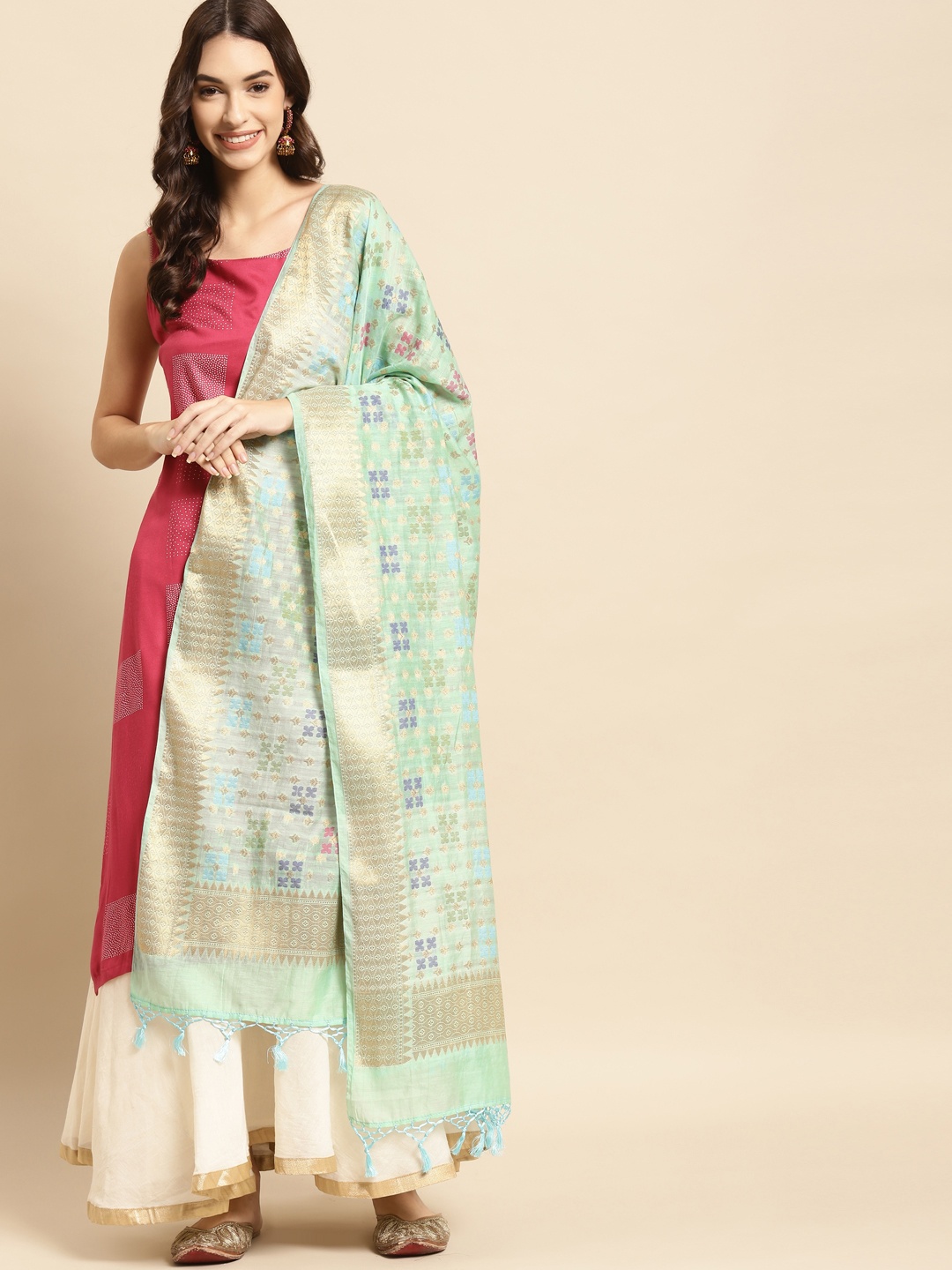 

Banarasi Style Blue & Gold-Toned Ethnic Motifs Woven Design Cotton Silk Dupatta with Thread Work