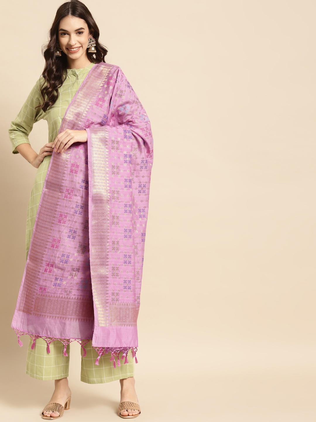 

Banarasi Style Pink & Purple Ethnic Motifs Woven Design Cotton Silk Dupatta with Thread Work