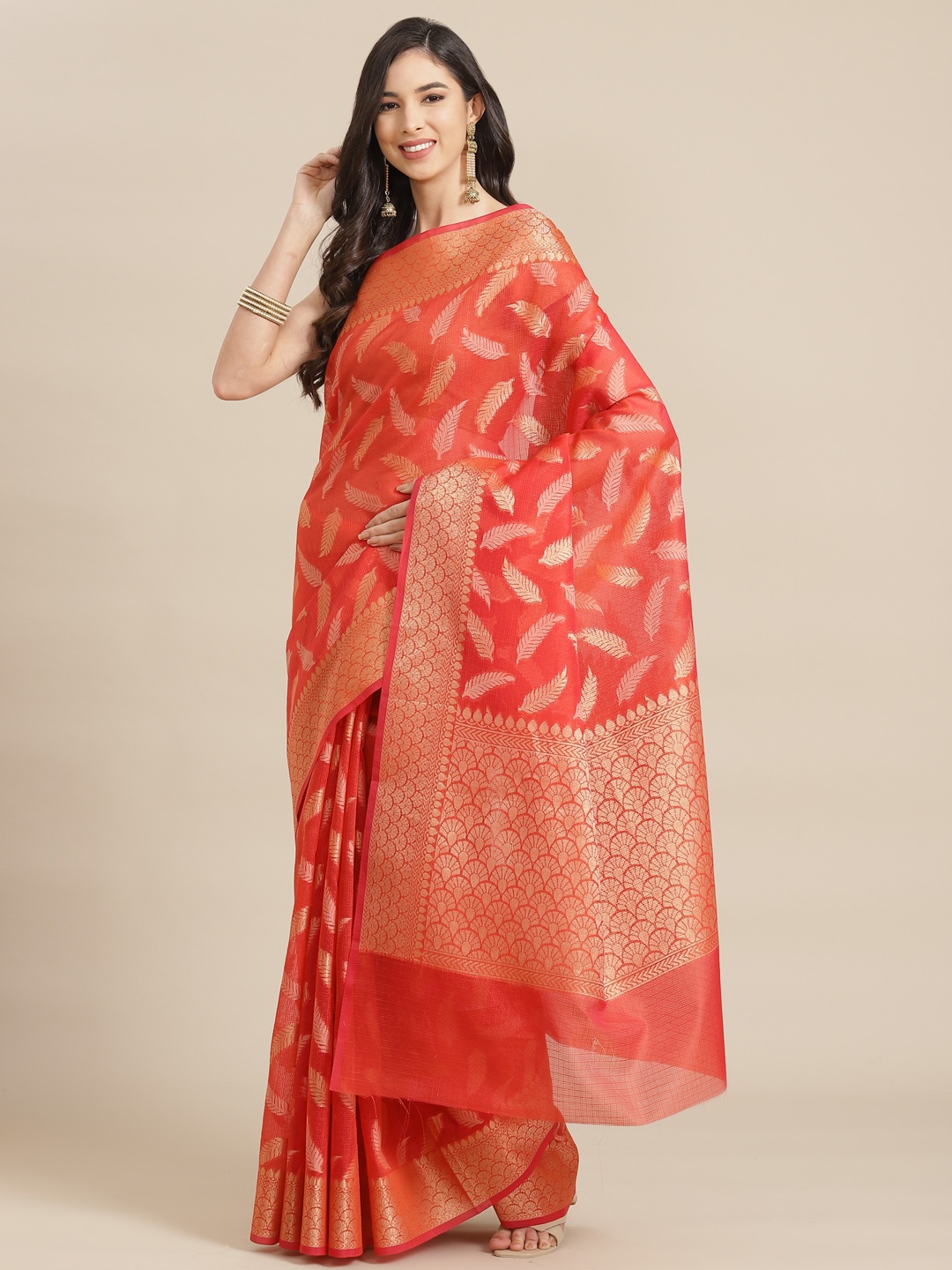 

Banarasi Style Red & Golden Floral Woven Design Silk Cotton Banarasi Saree