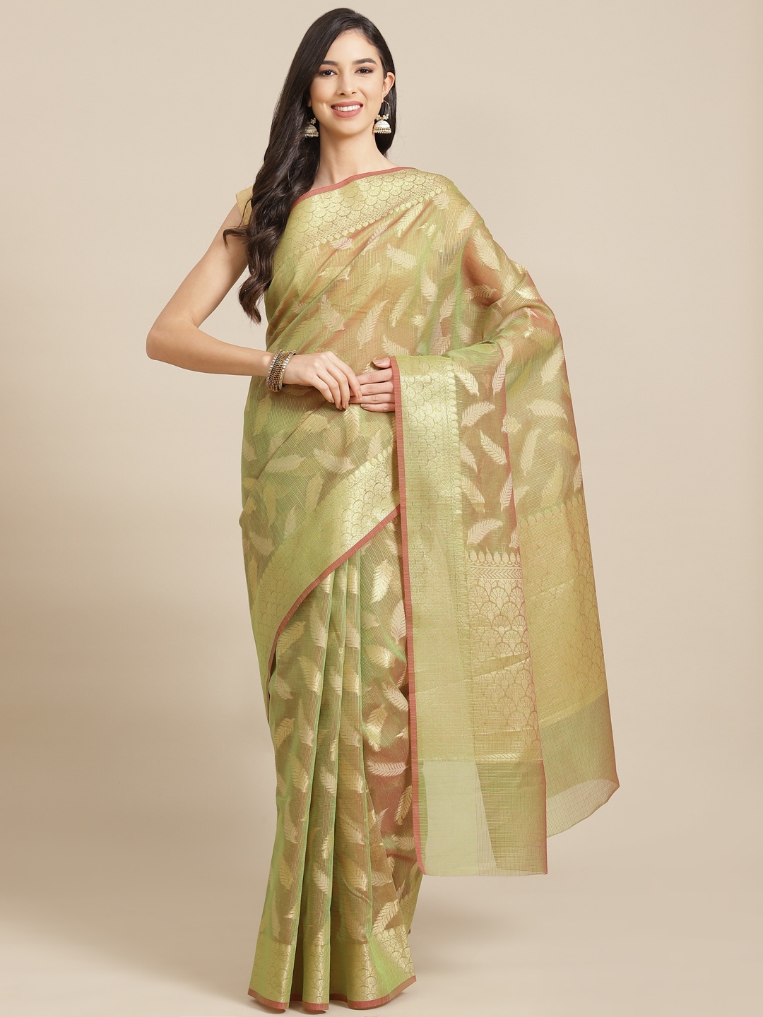 

Banarasi Style Green & Beige Woven Design Silk Cotton Banarasi Saree