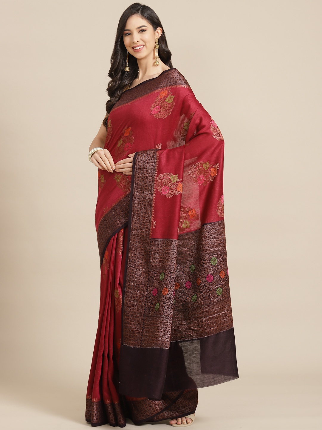

Banarasi Style Maroon & Brown Ethnic Motifs Woven Design Pure Silk Muga Saree