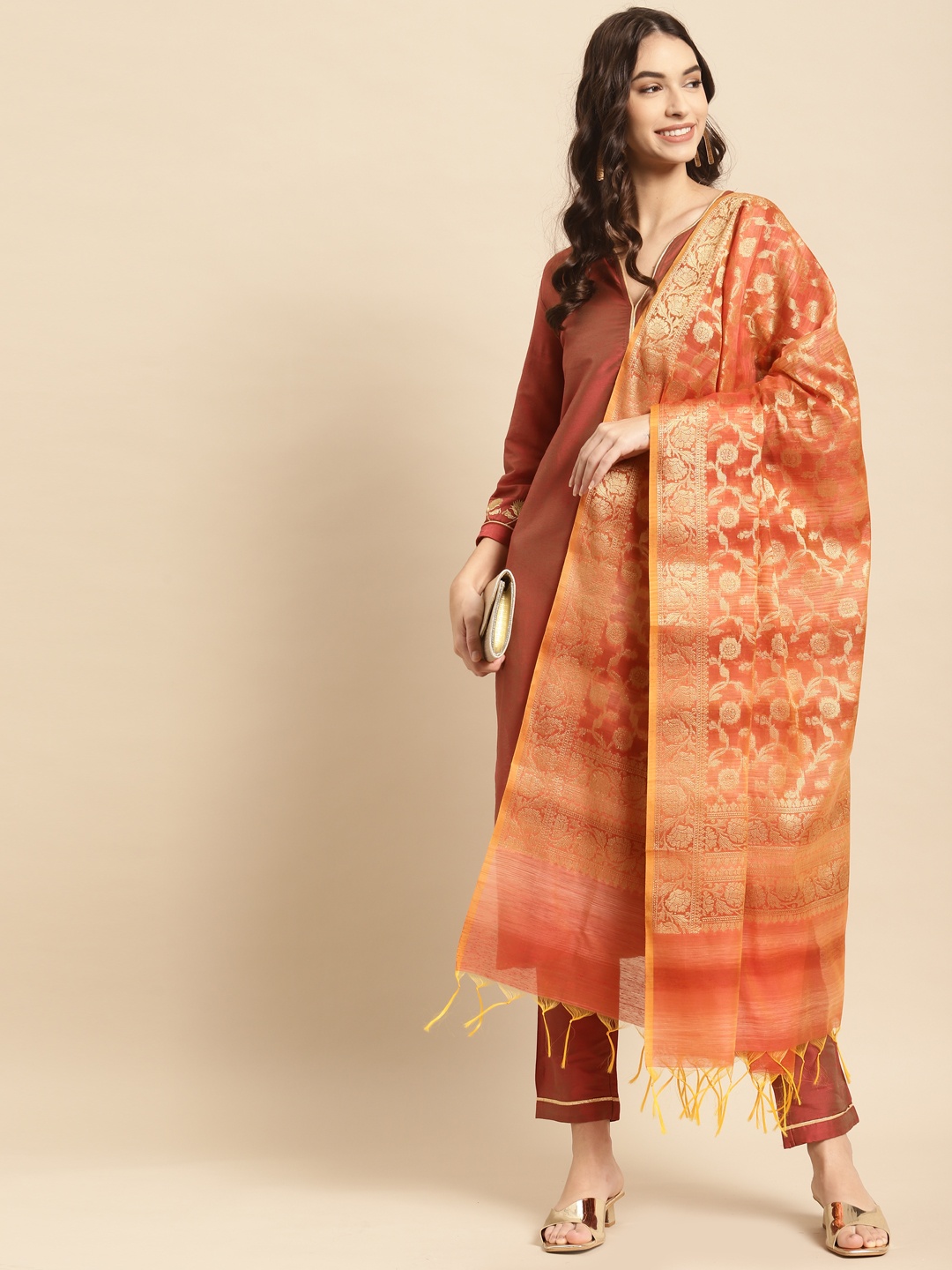 

Banarasi Style Coral & Gold-Toned Floral Woven Design Cotton Silk Dupatta with Thread Work