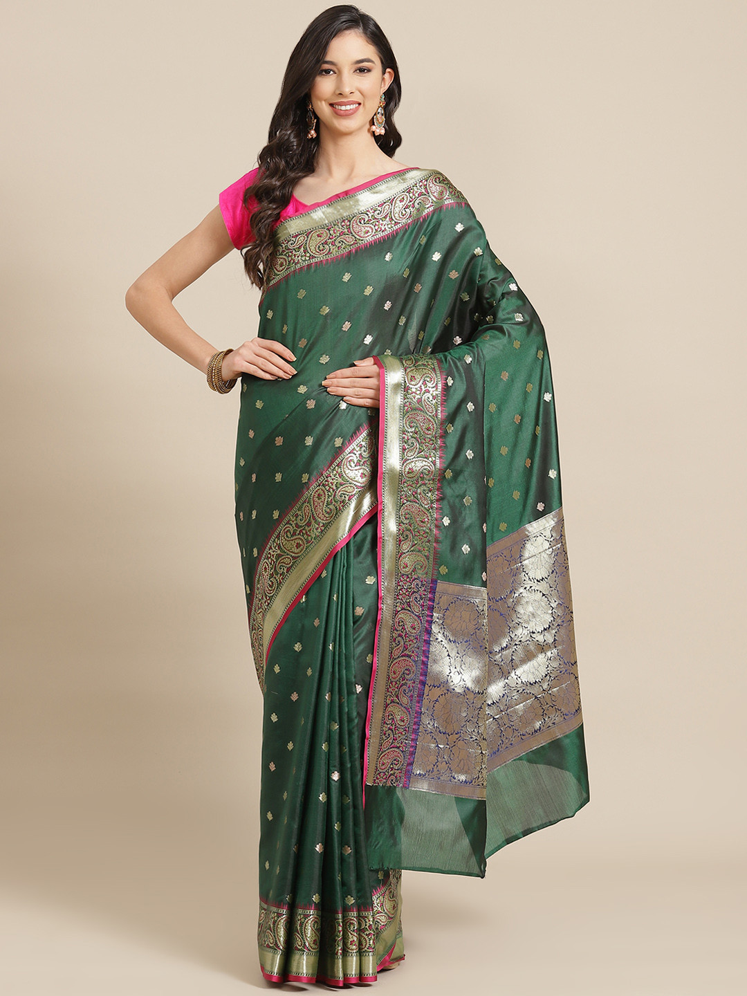 

Banarasi Style Green & Golden Woven Design Silk Blend Saree