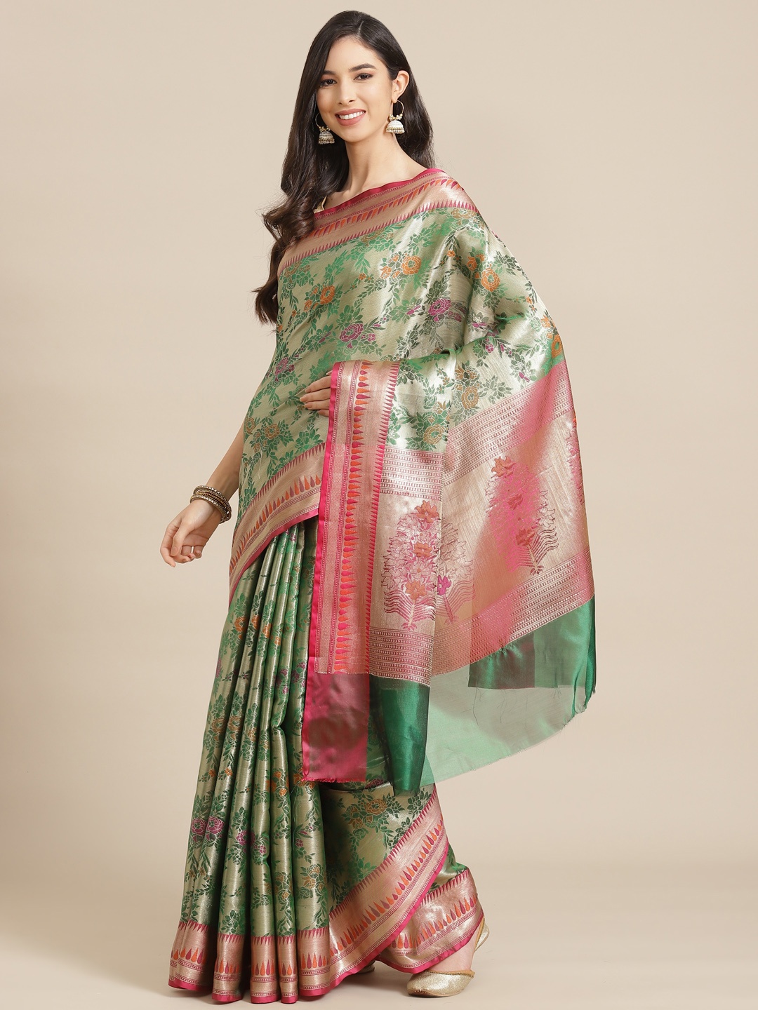 

Banarasi Style Green & Pink Woven Design Tissue Banarasi Saree