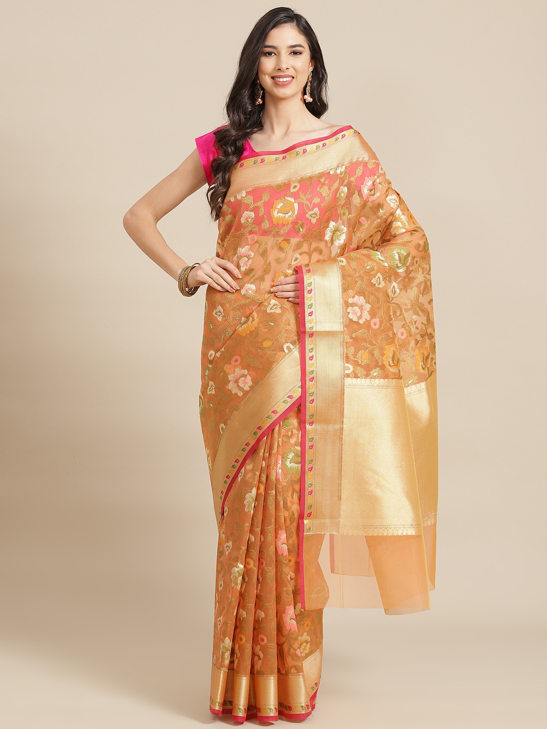 

Banarasi Style Peach-Coloured & Yellow Woven Design Organza Saree