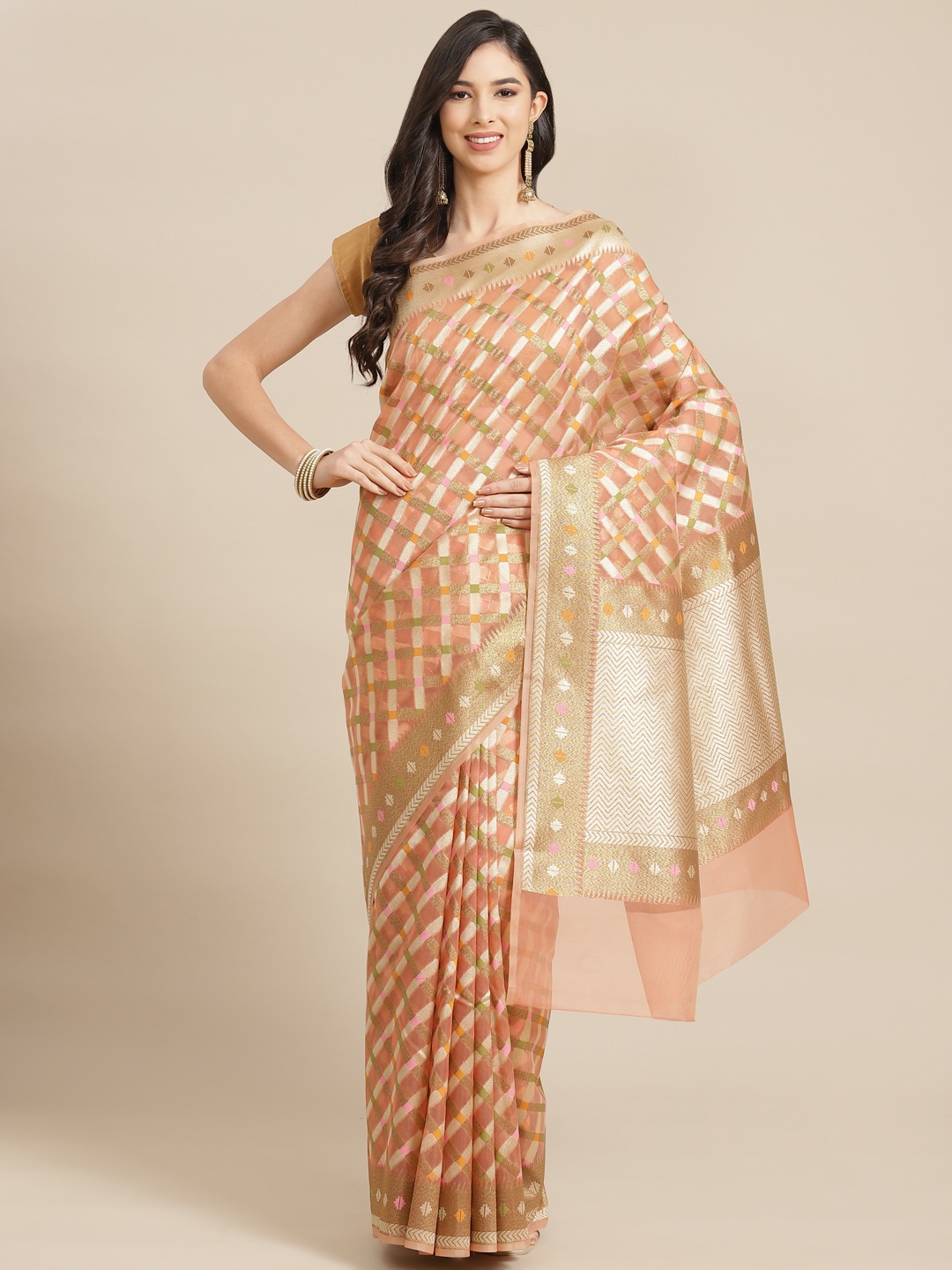 

Banarasi Style Pink & Golden Geometric Woven Design Organza Silk Banarasi Saree