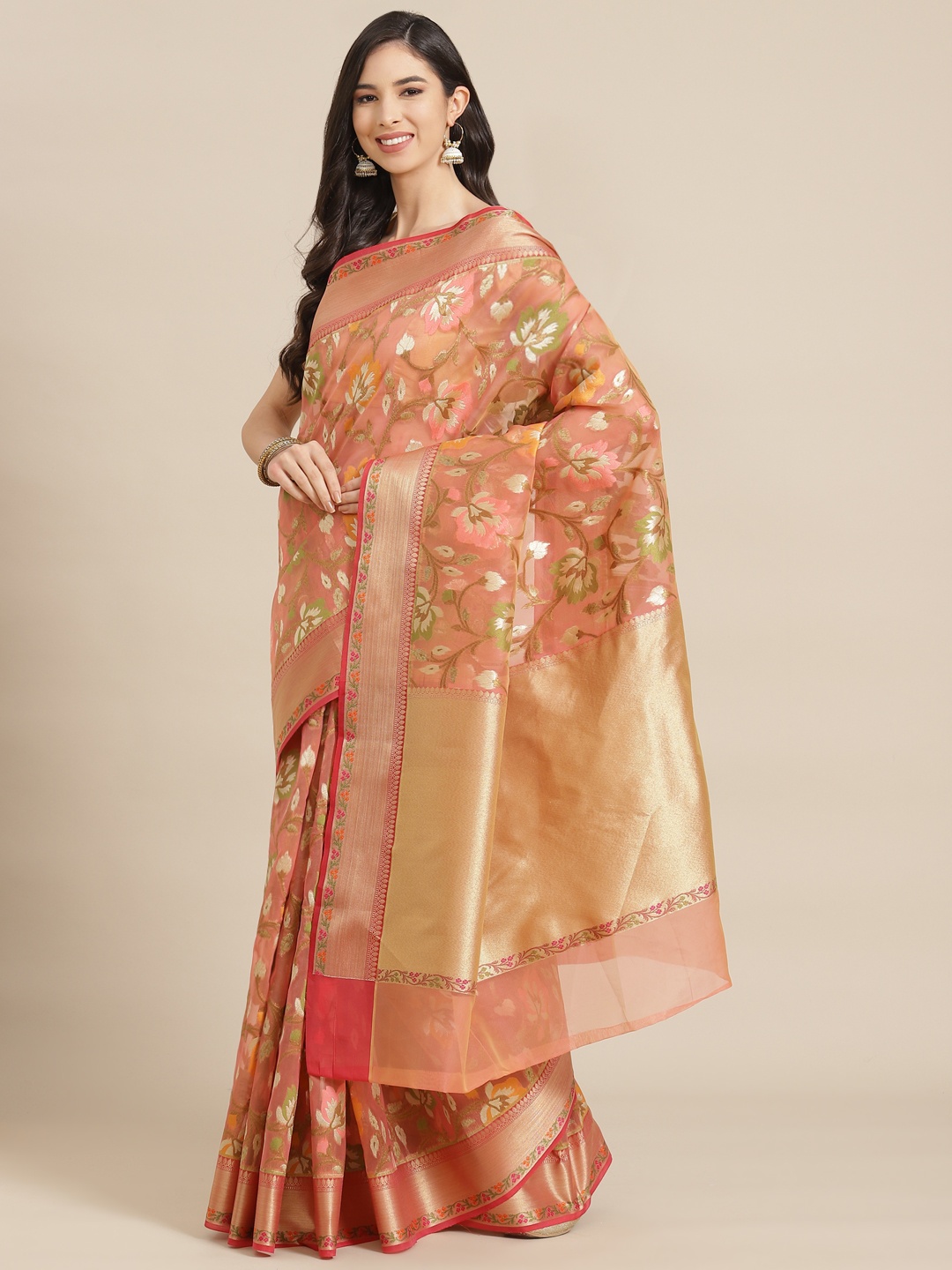 

Banarasi Style Pink & Golden Floral Woven Design Organza Silk Banarasi Saree