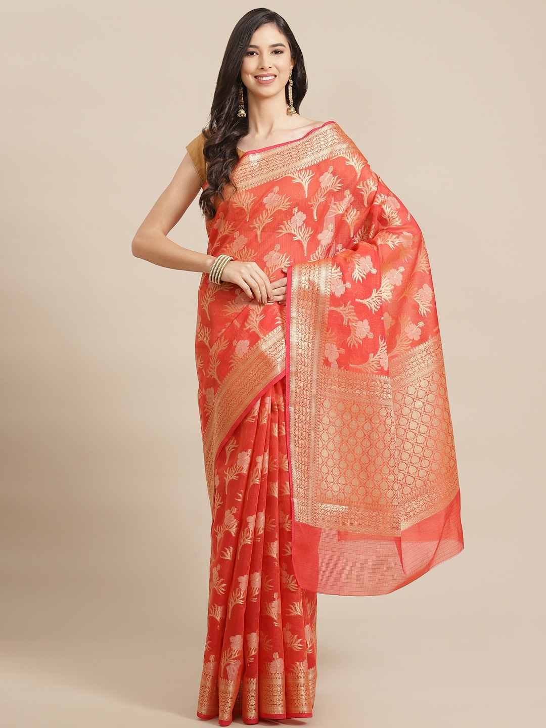 

Banarasi Style Orange & Golden Floral Woven Design Silk Cotton Banarasi Saree