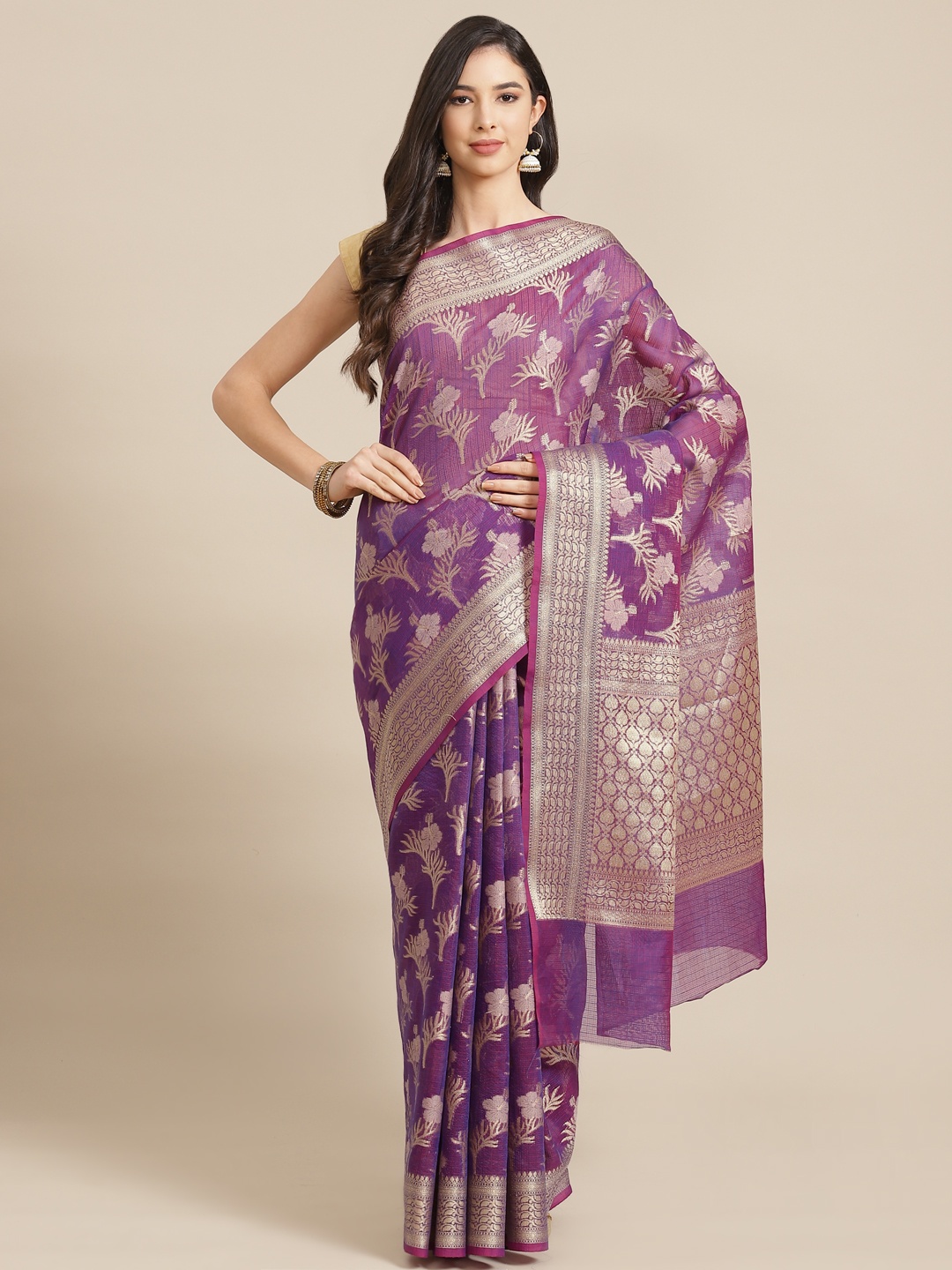

Banarasi Style Purple & Golden Floral Woven Design Silk Cotton Banarasi Saree