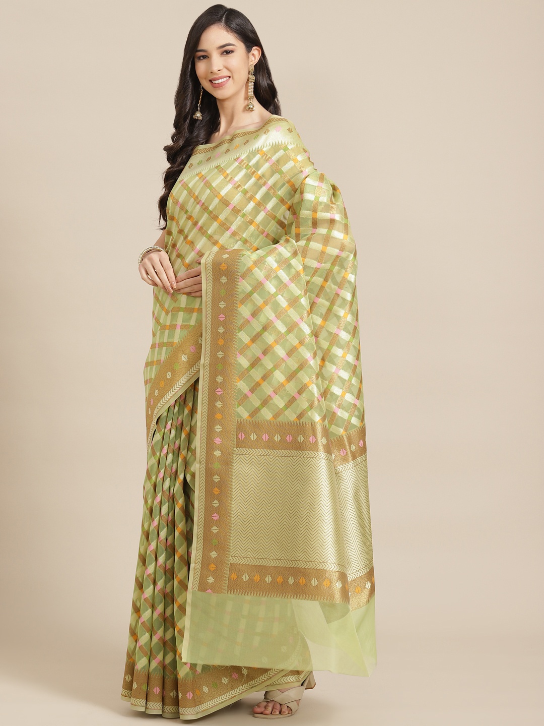 

Banarasi Style Green & Beige Geometric Woven Design Organza Silk Banarasi Saree