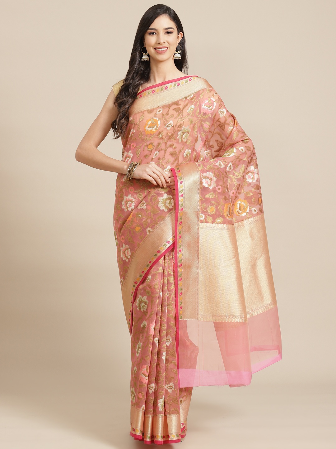 

Banarasi Style Pink & Beige Woven Design Organza Saree