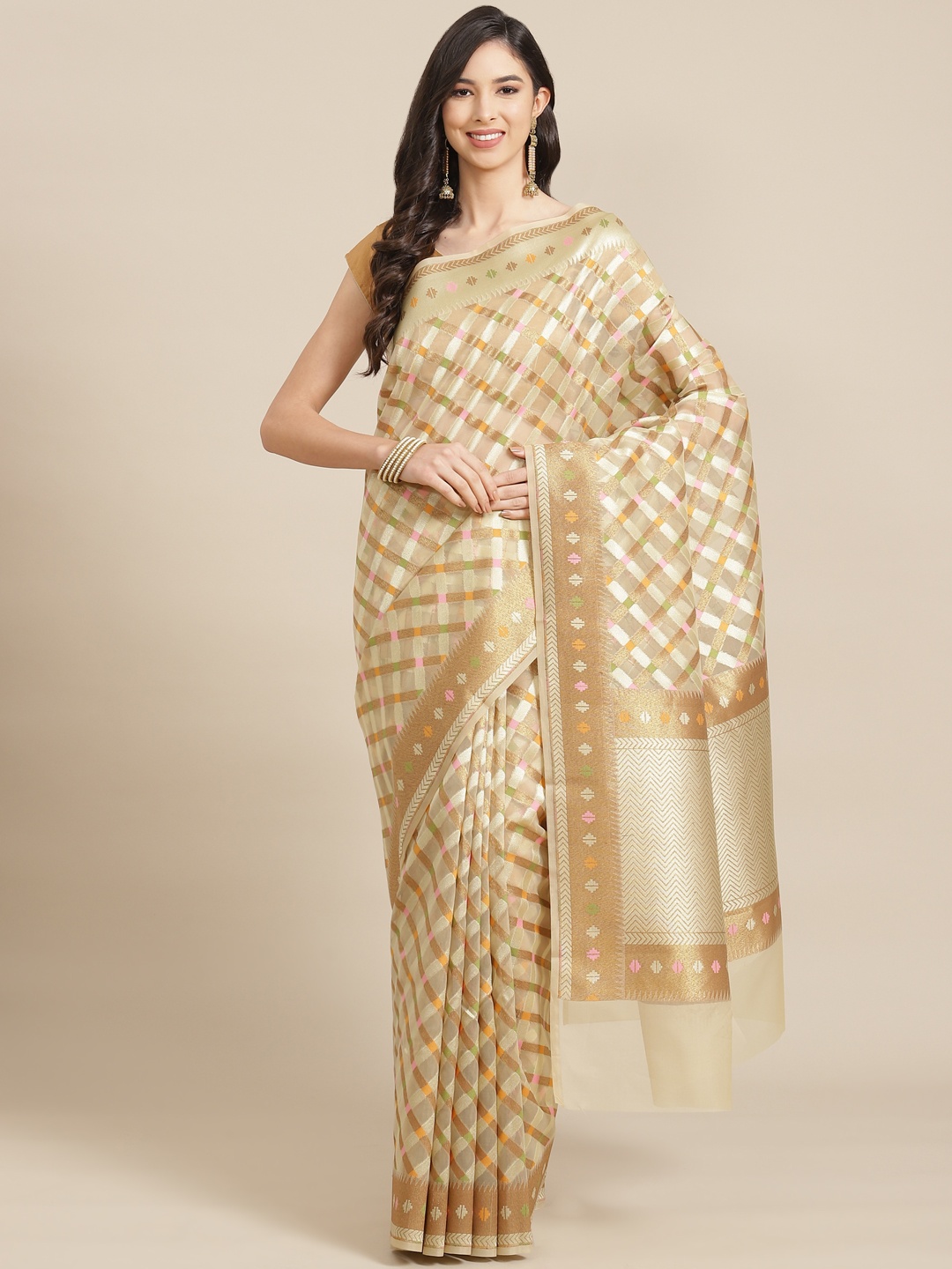 

Banarasi Style Cream-Coloured & Golden Geometric Woven Design Organza Silk Banarasi Saree