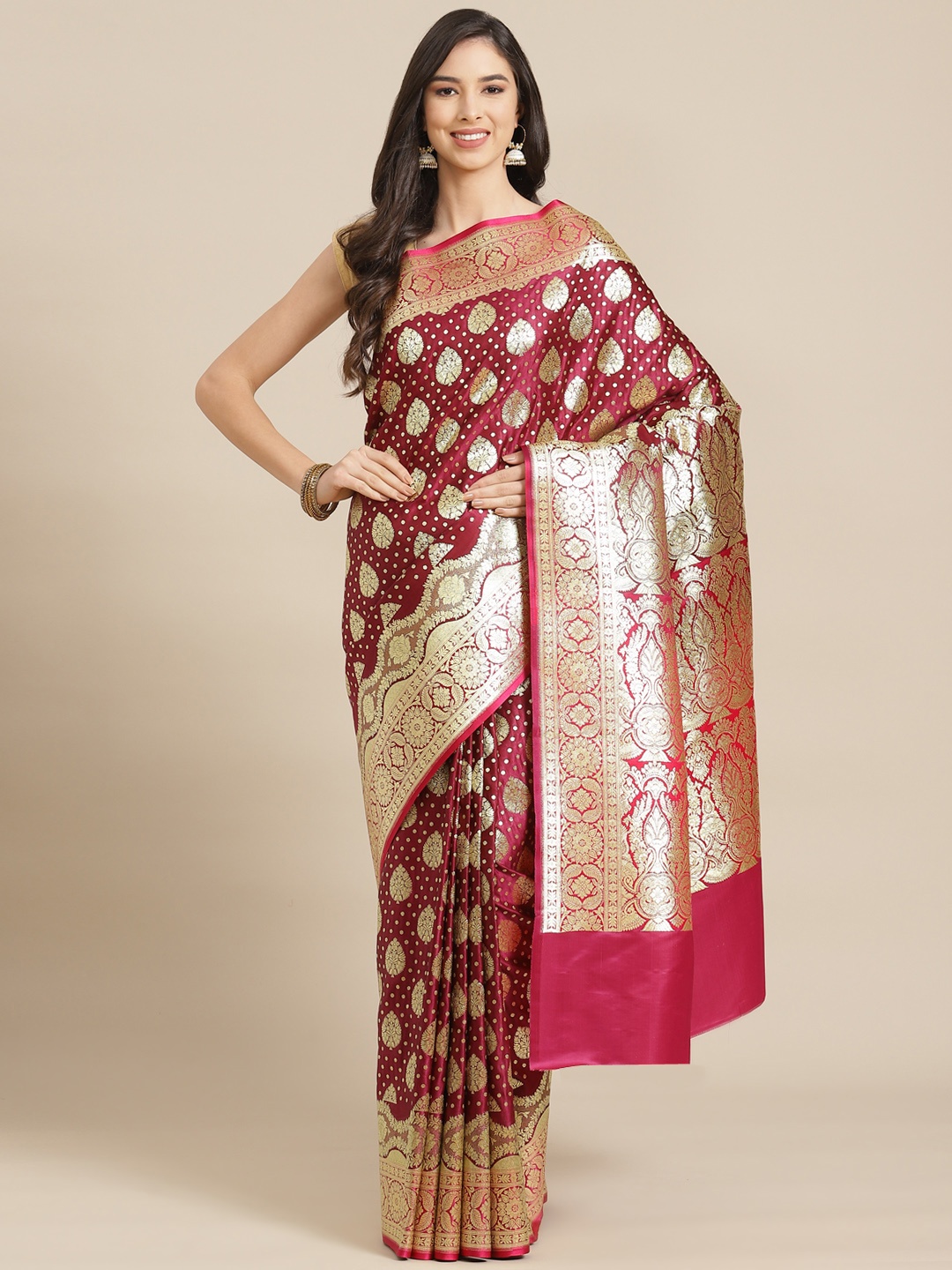 

Banarasi Style Maroon & Gold-Toned Woven Design Satin Banarasi Saree