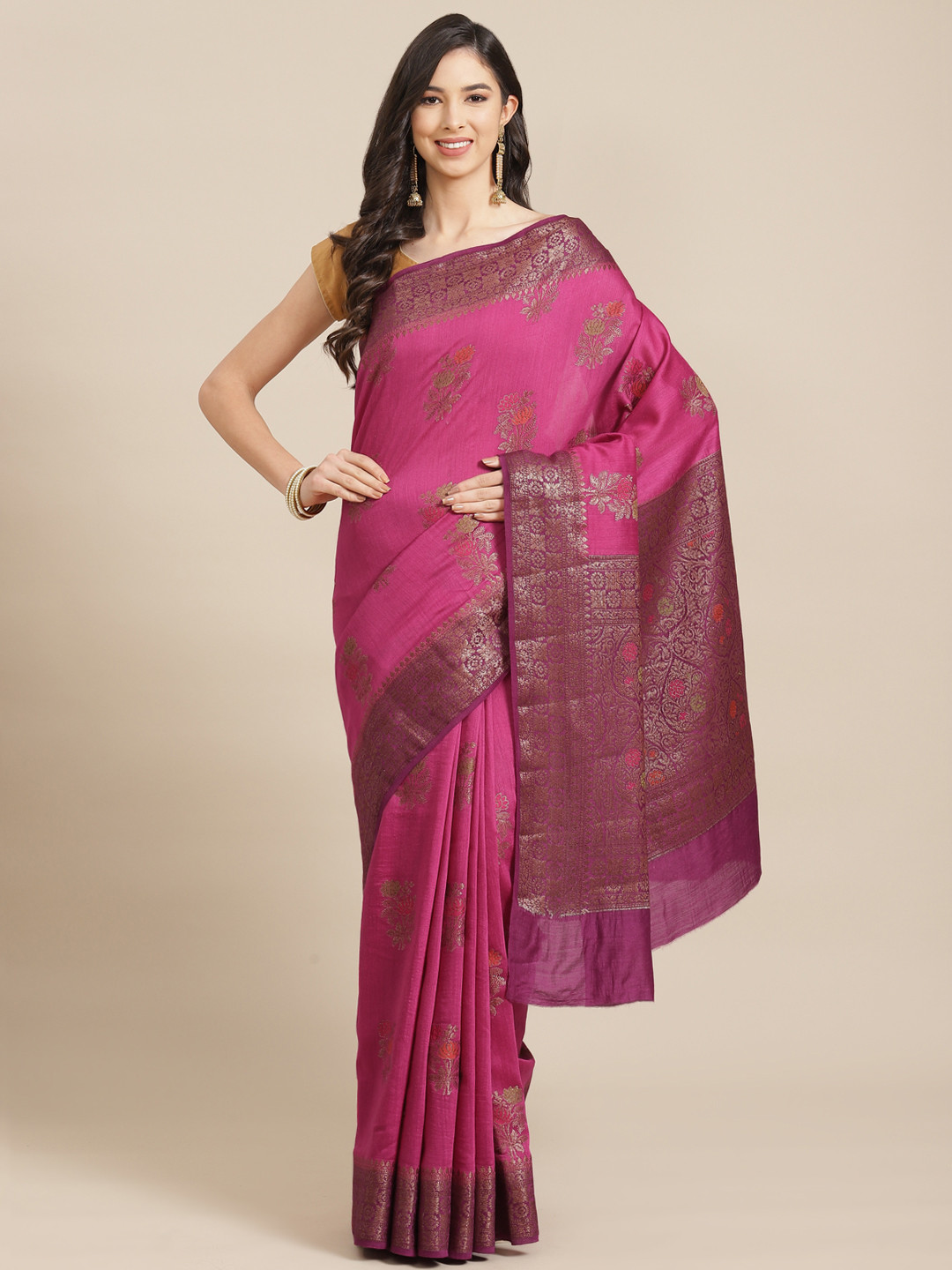 

Banarasi Style Pink & Golden Ethnic Motifs Design Pure Silk Muga Saree