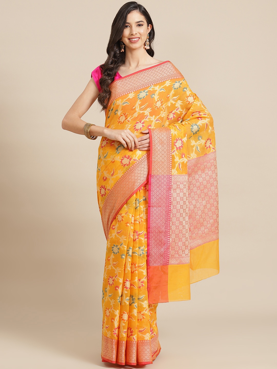 

Banarasi Style Yellow & Pink Floral Woven Design Silk Cotton Banarasi Saree