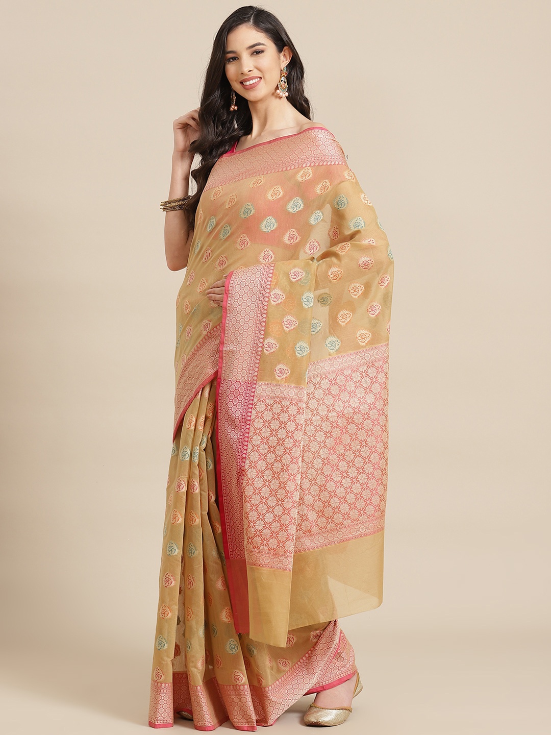 

Banarasi Style Beige & Pink Ethnic Motifs Woven Design Silk Cotton Banarasi Saree