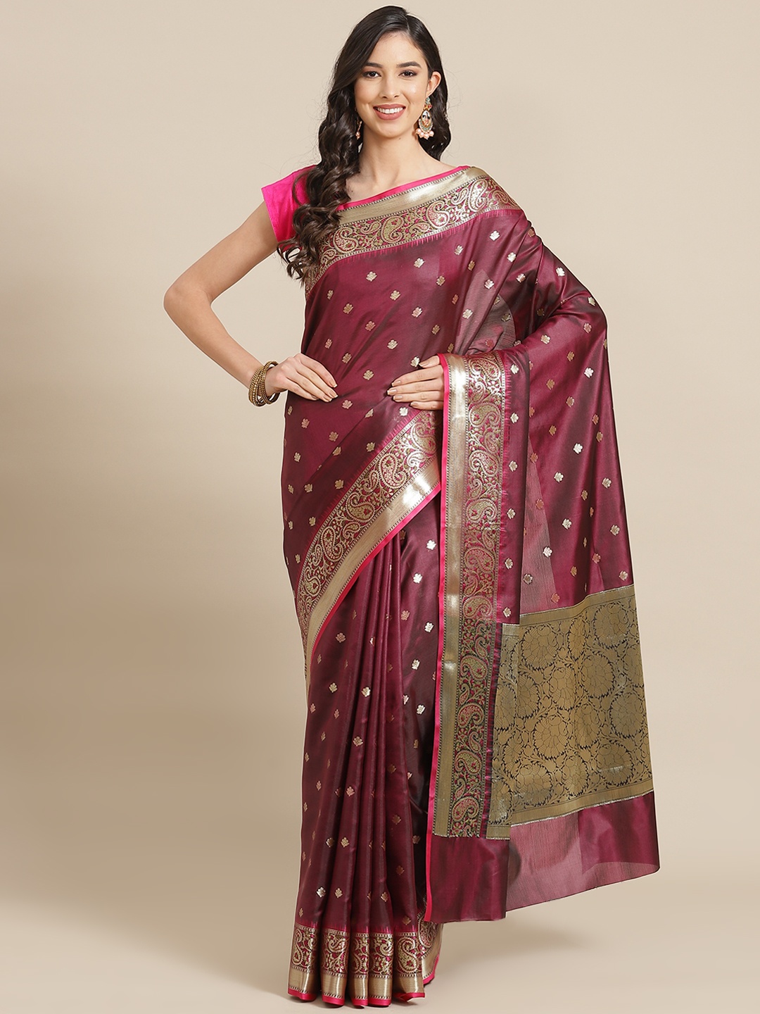 

Banarasi Style Maroon & White Woven Design Silk Blend Banarasi Saree