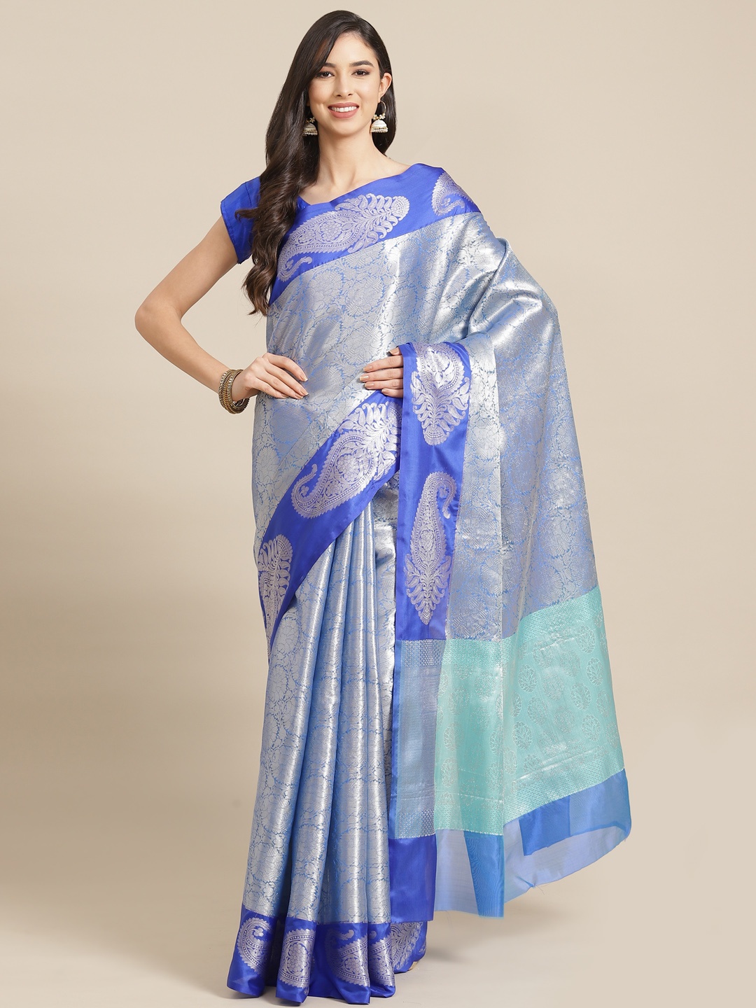 

Banarasi Style Blue & Silver Ethnic Motifs Woven Design Silk Brocade Banarasi Saree