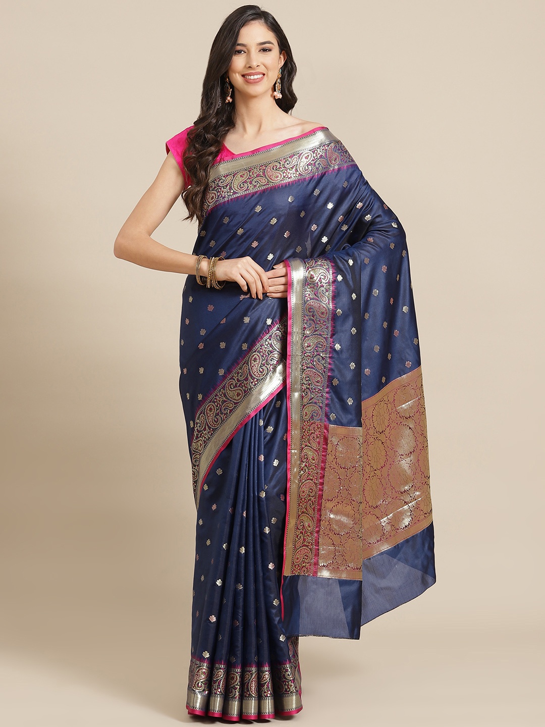 

Banarasi Style Navy Blue & Golden Ethnic Motifs Silk Blend Banarasi Saree