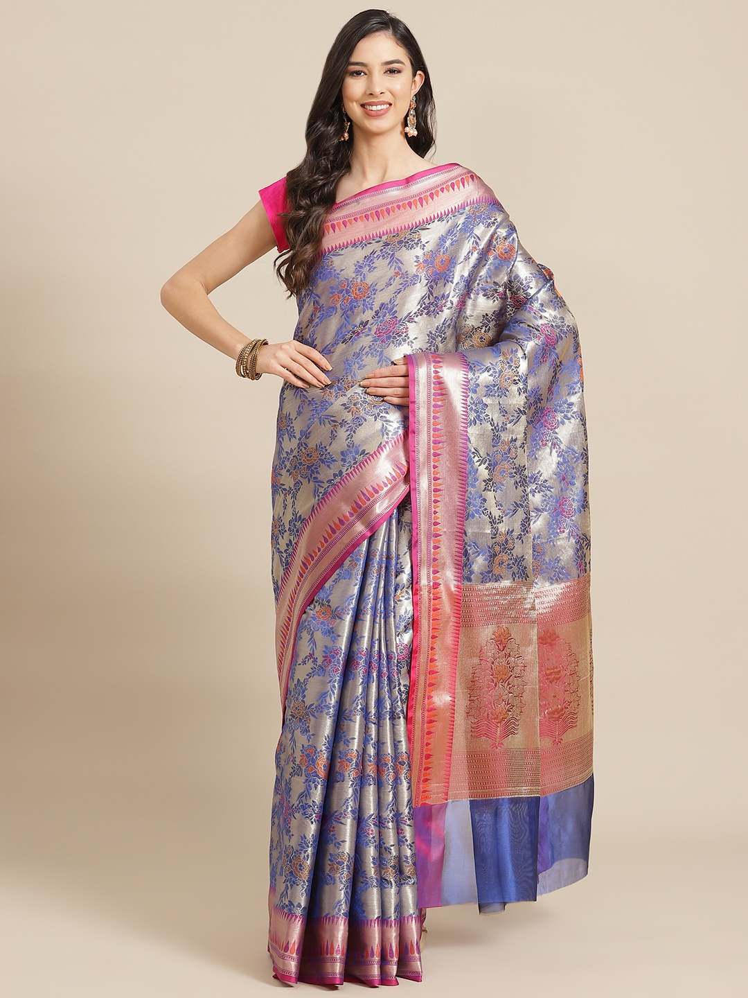 

Banarasi Style Navy Blue & Silver Ethnic Motifs Tissue Banarasi Saree