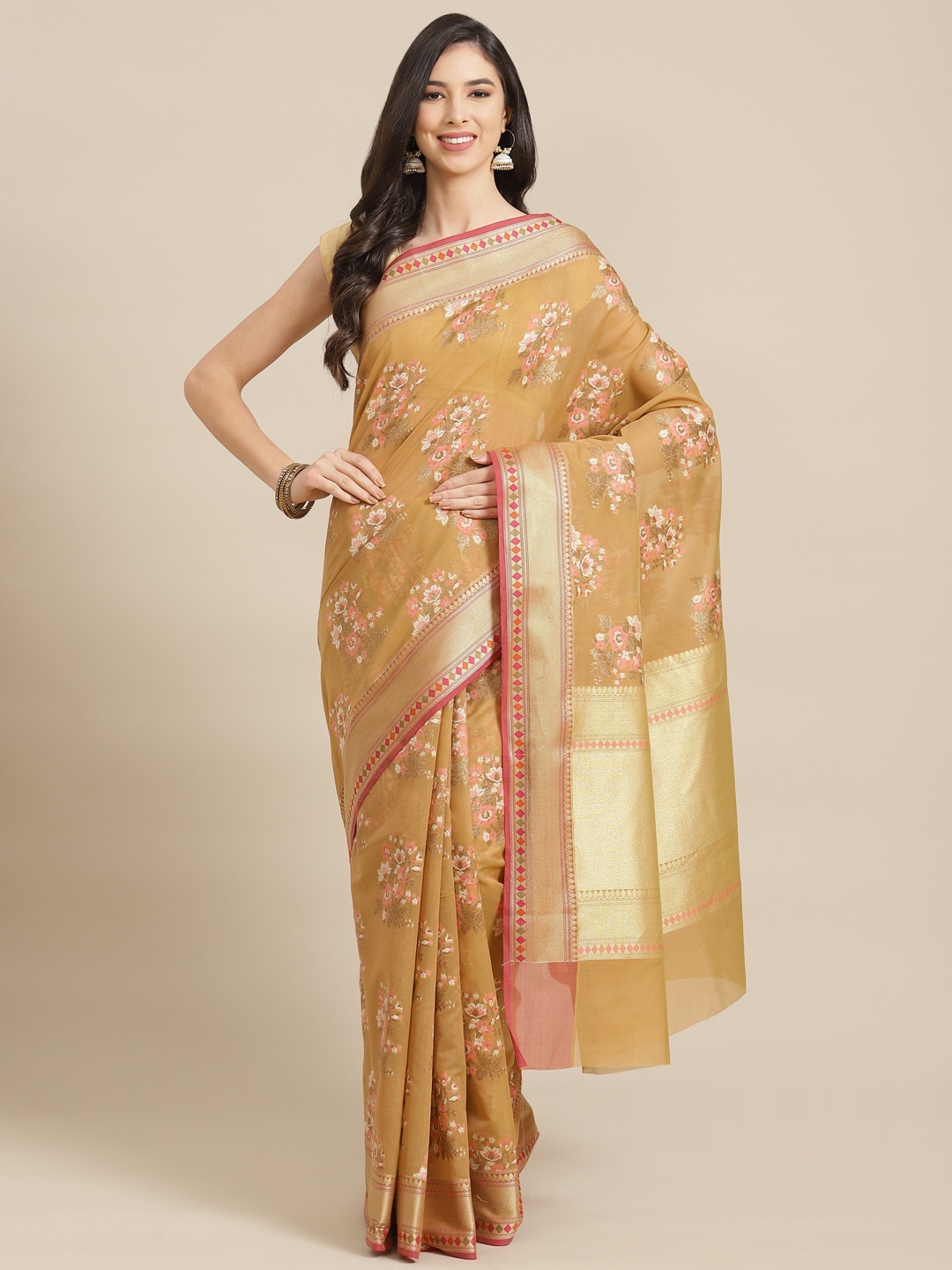 

Banarasi Style Beige & Golden Floral Woven Design Silk Cotton Banarasi Saree