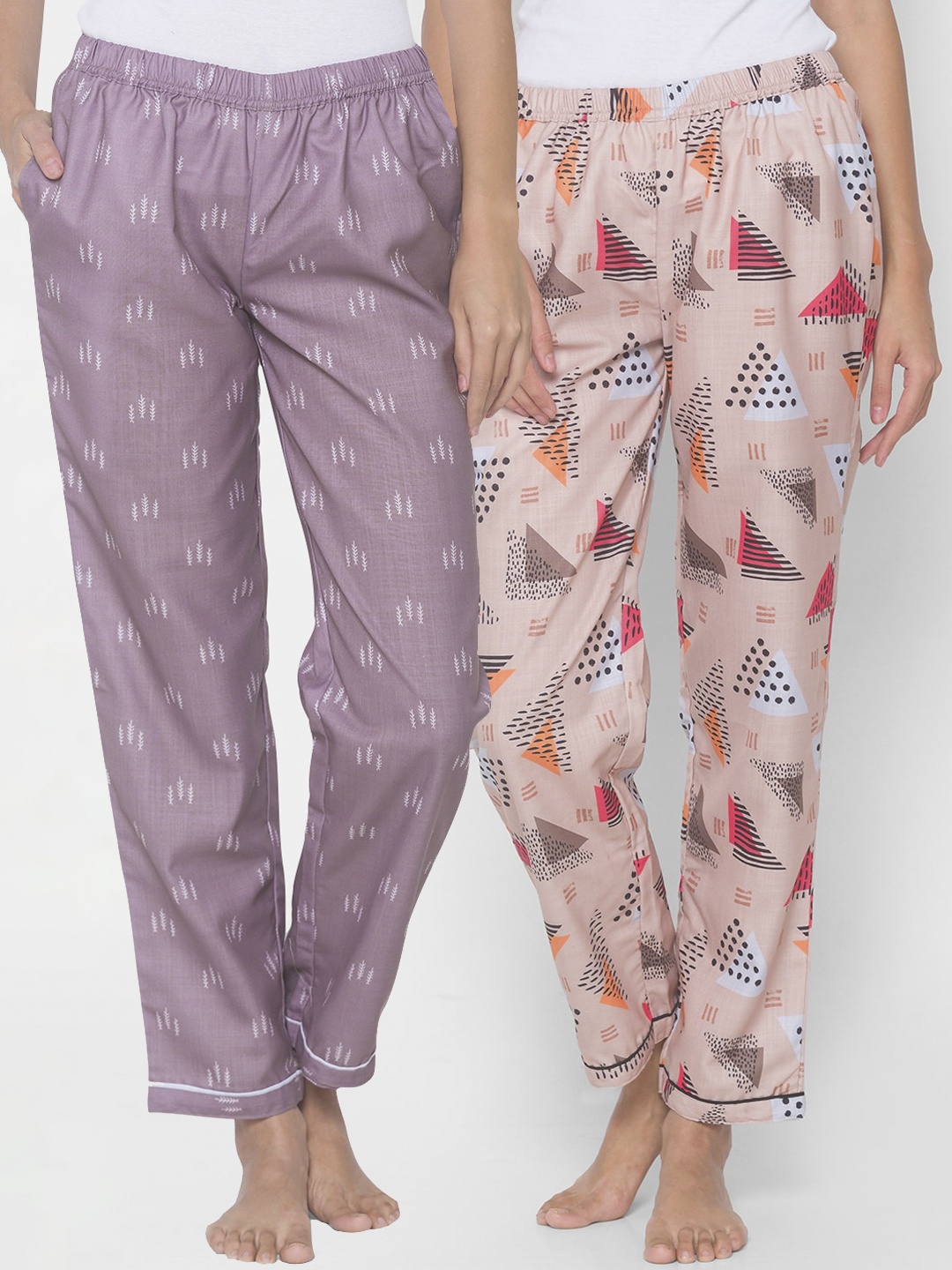 

FashionRack Women Beige & Purple Pack of 2 Printed Cotton Lounge Pants