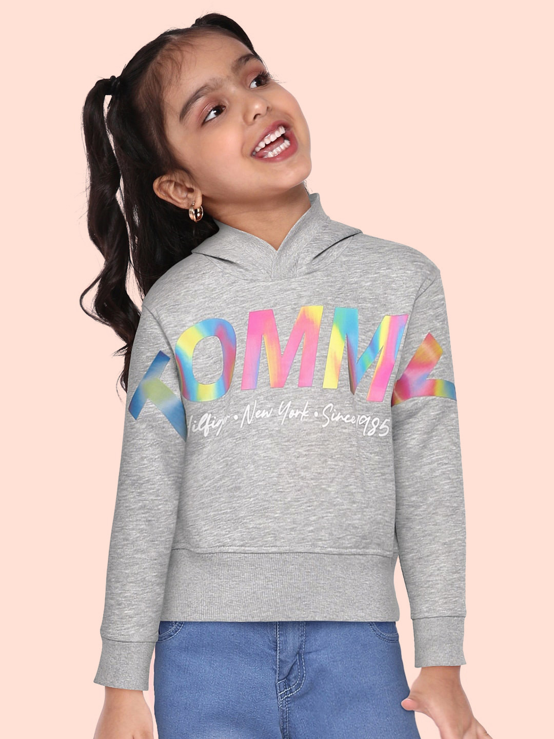 

Tommy Hilfiger Girls Grey Melange MULTI SHINE Brand Logo Printed Hooded Sweatshirt