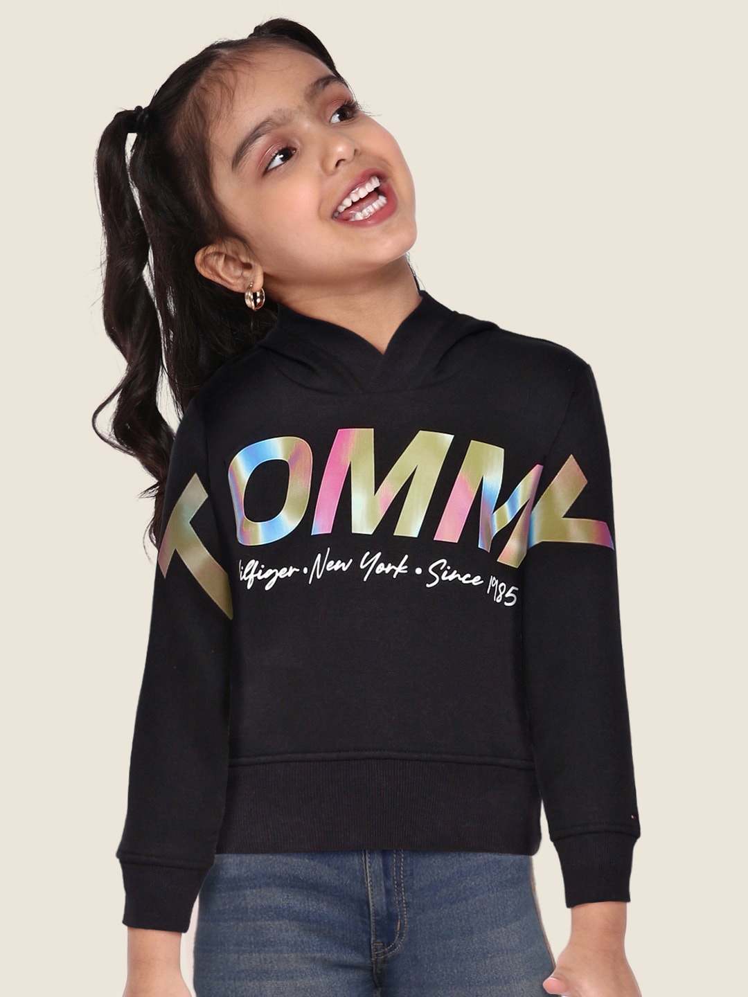 

Tommy Hilfiger Girls Black MULTI SHINE Brand Logo Printed Hooded Sweatshirt
