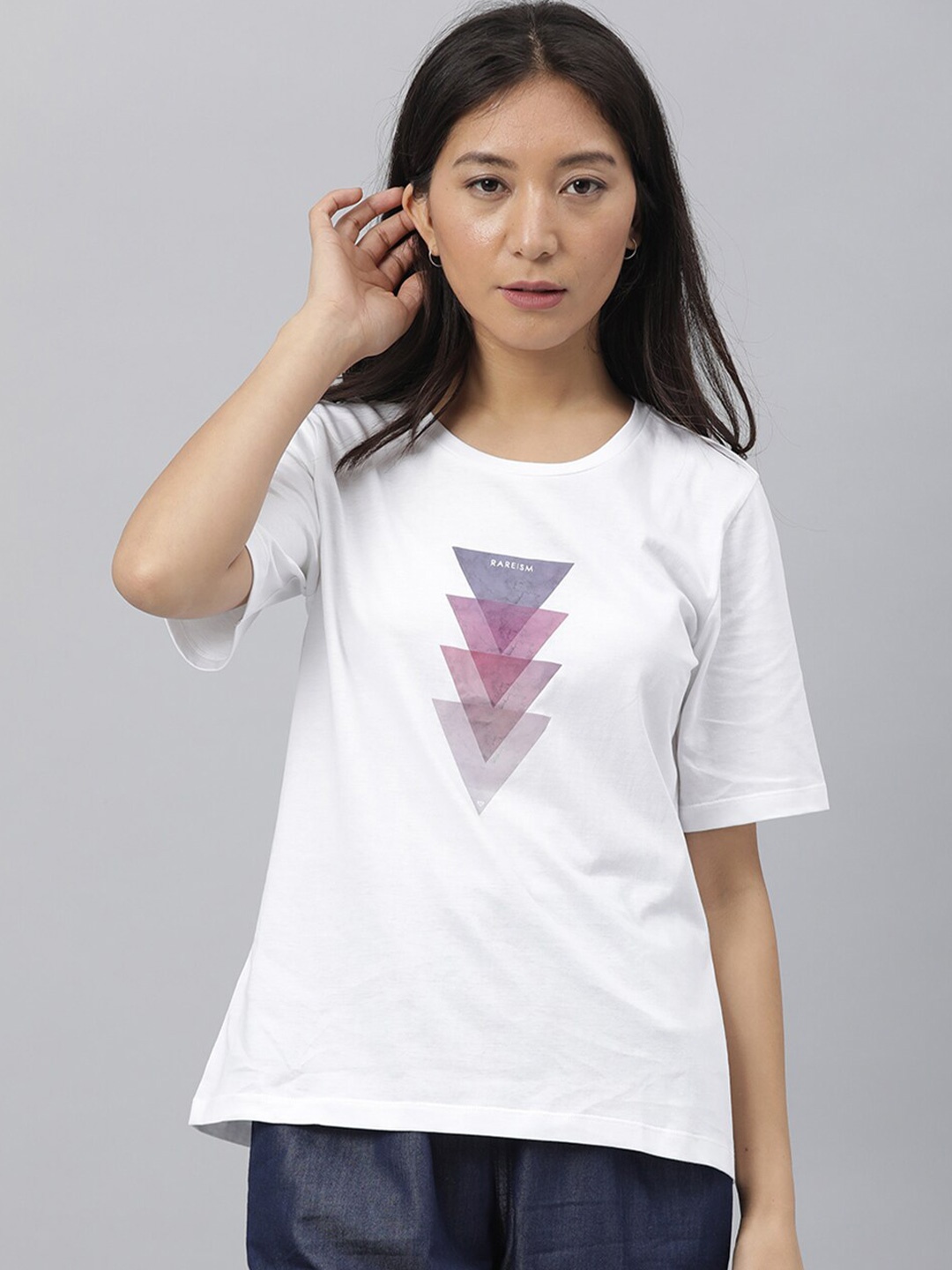 

RAREISM Women White Printed Slim Fit T-shirt