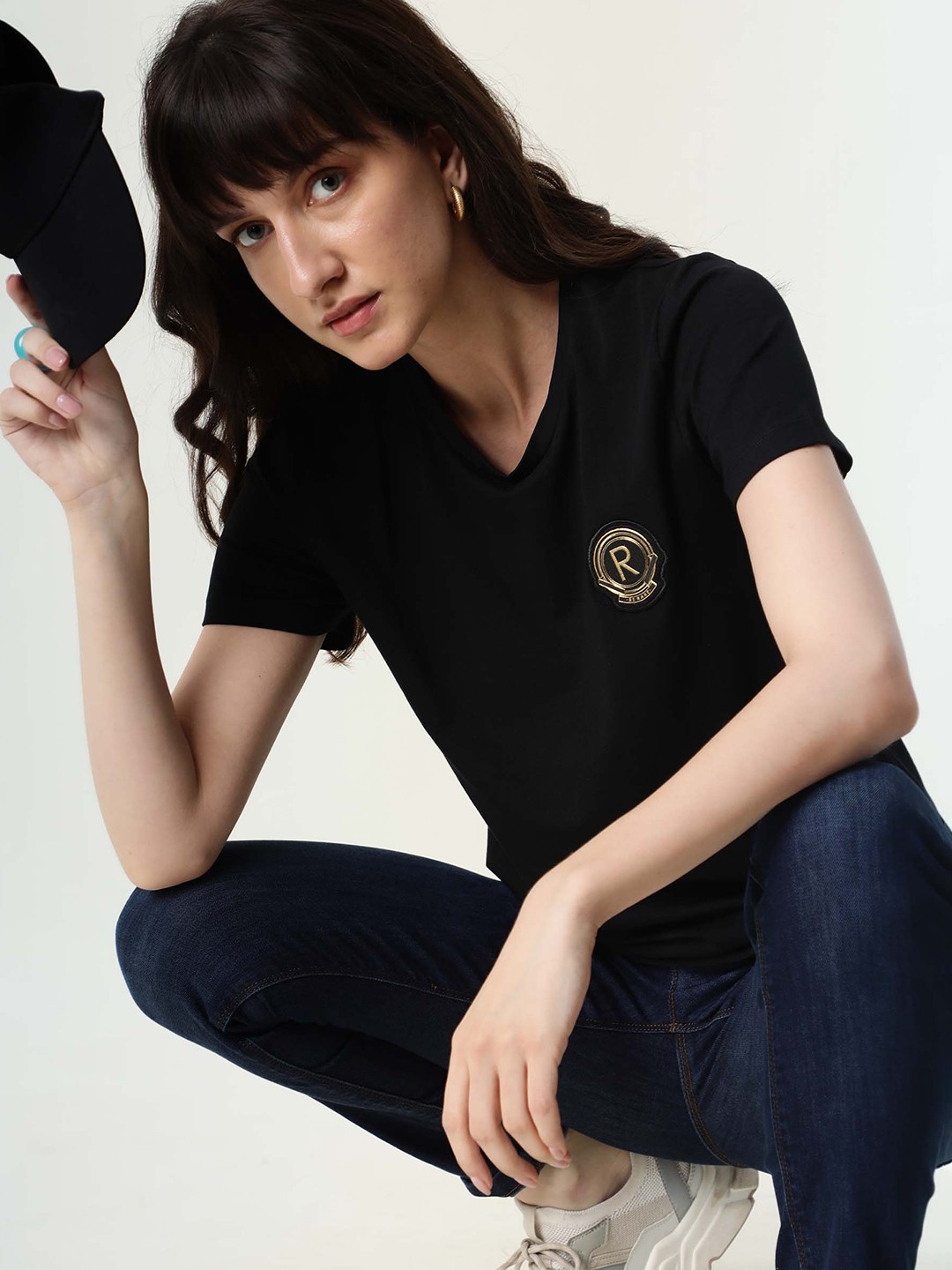 

RAREISM Women Black Slim Fit Cotton T-shirt