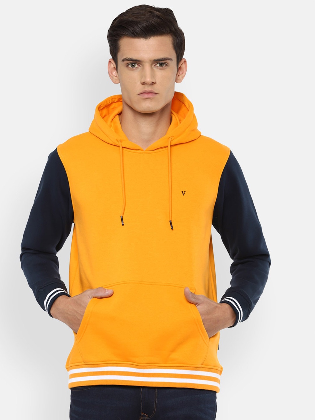 

Van Heusen Sport Men Yellow And Black Colourblocked Pure Cotton Hooded Sweatshirt