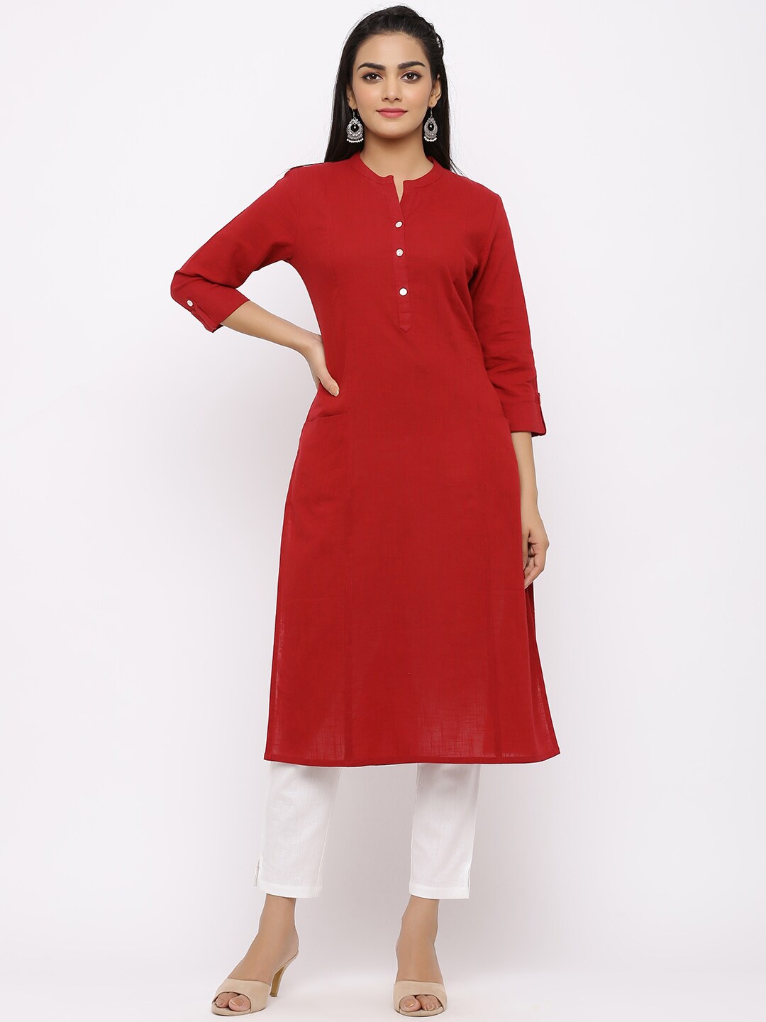 

Fusion Threads Women Maroon Regular Pure Cotton Kurti with Trousers