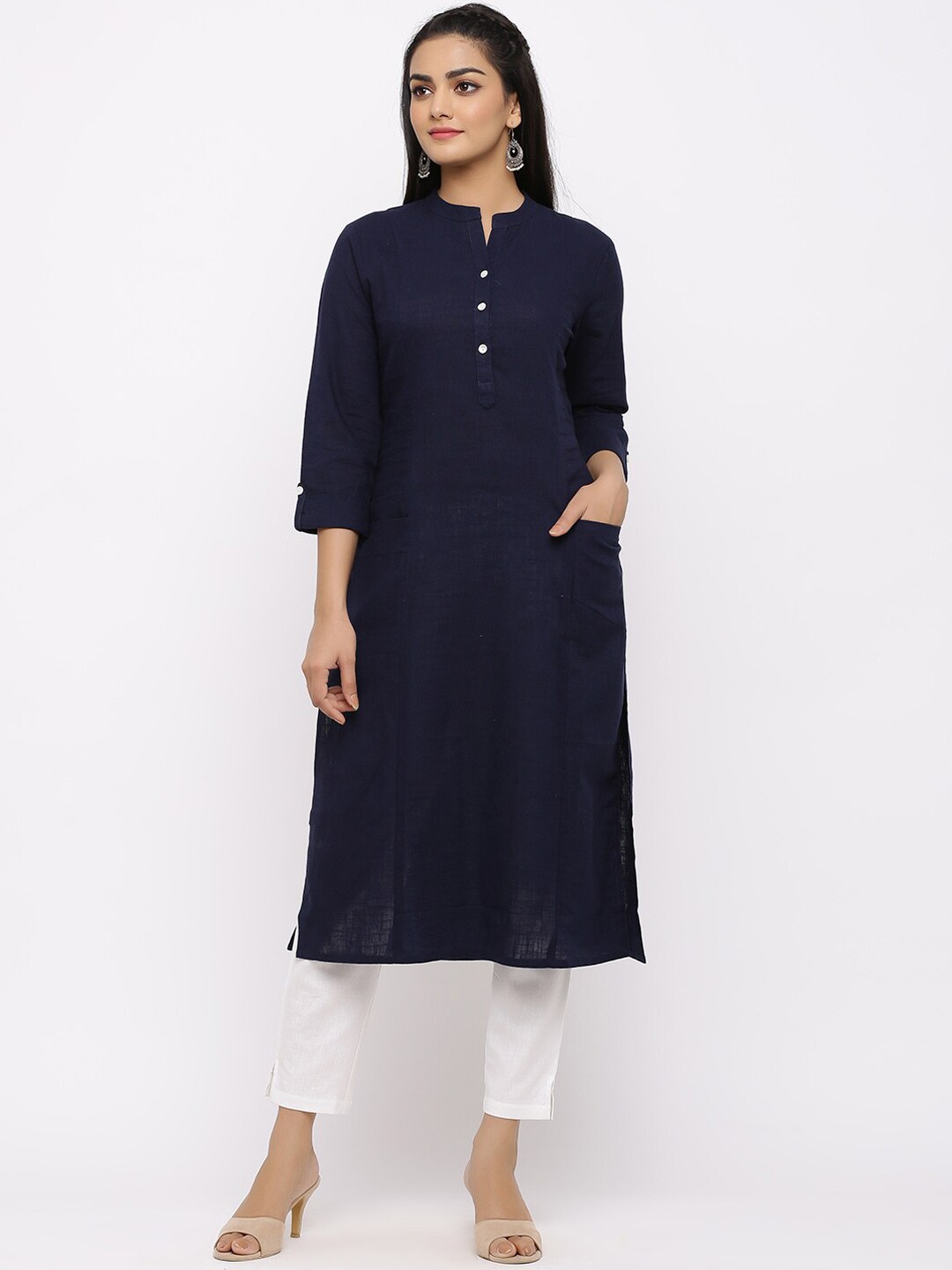 

Fusion Threads Women Navy Blue Regular Pure Cotton Kurta with Trousers