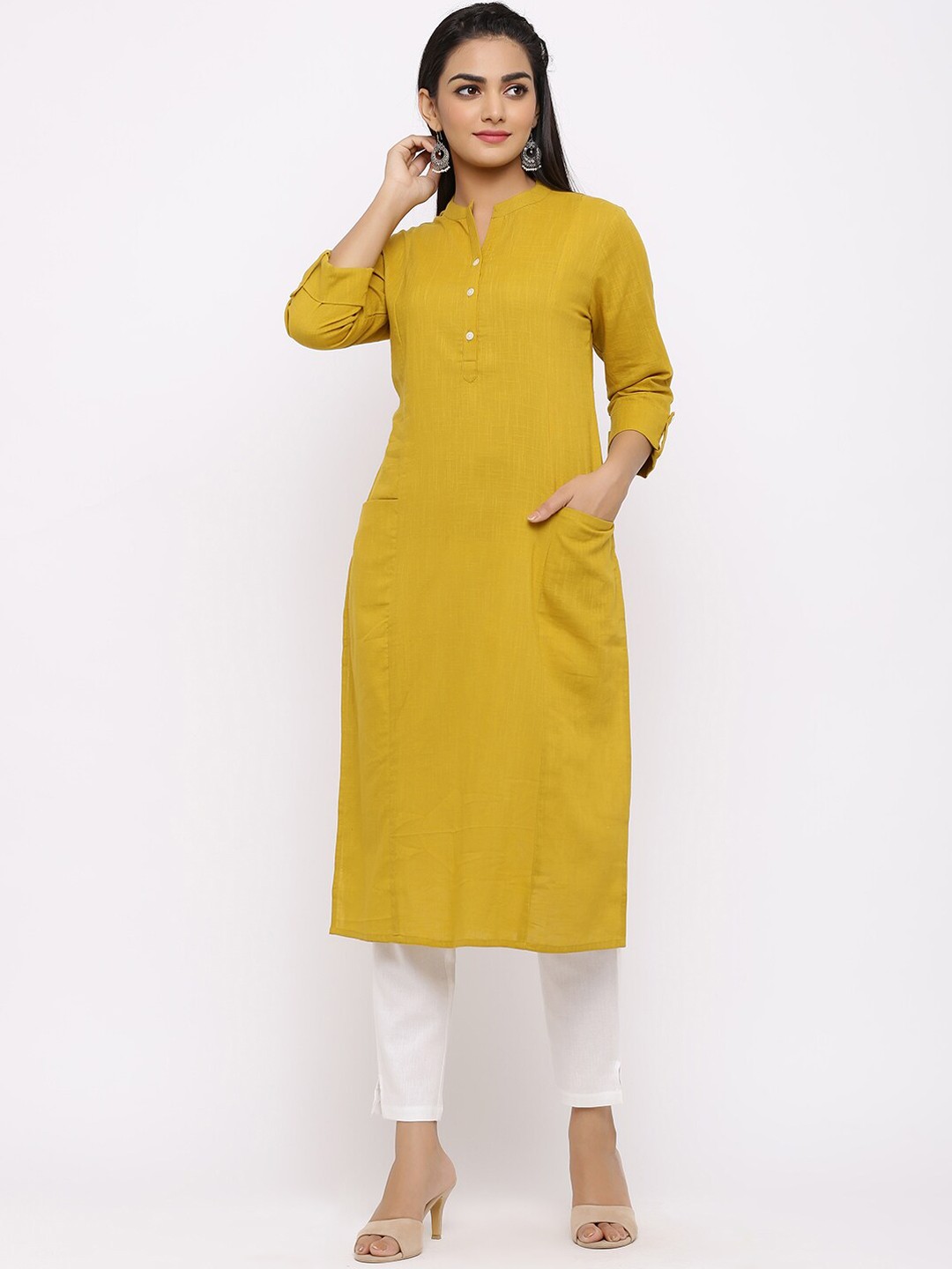 

Fusion Threads Women Mustard Yellow Regular Pure Cotton Kurta with Trousers