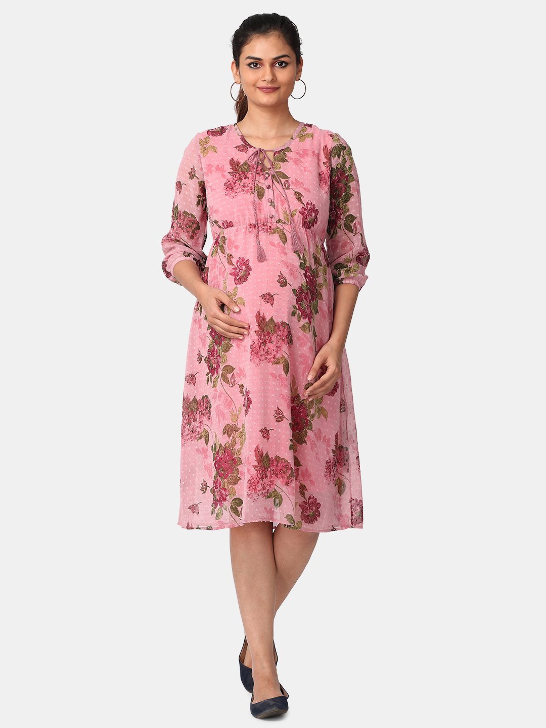 

The Mom Store Pink & Green Floral Tie-Up Neck Georgette Maternity A-Line Dress