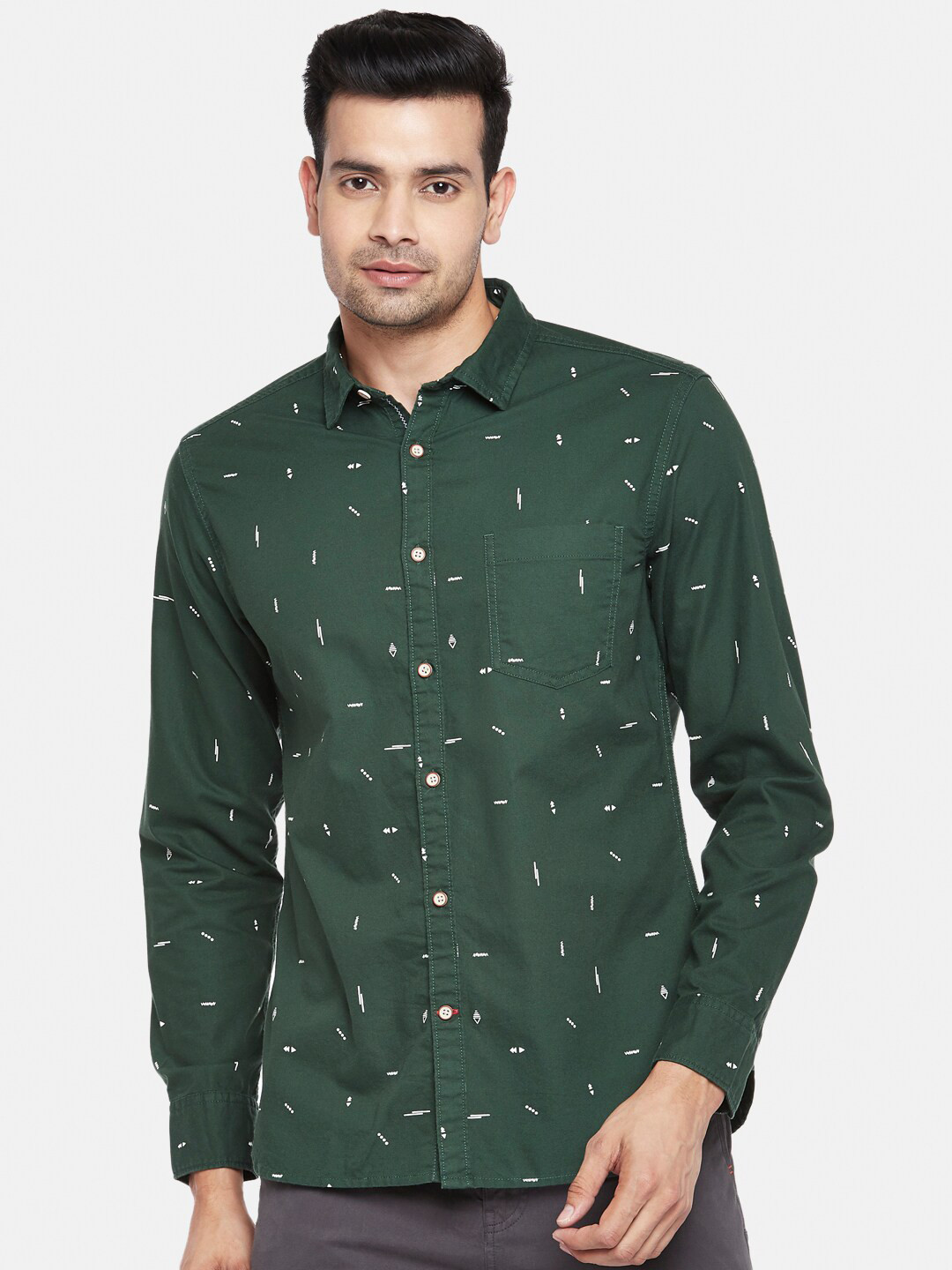 

Urban Ranger by pantaloons Men Green Slim Fit Opaque Pure Cotton Printed Casual Shirt