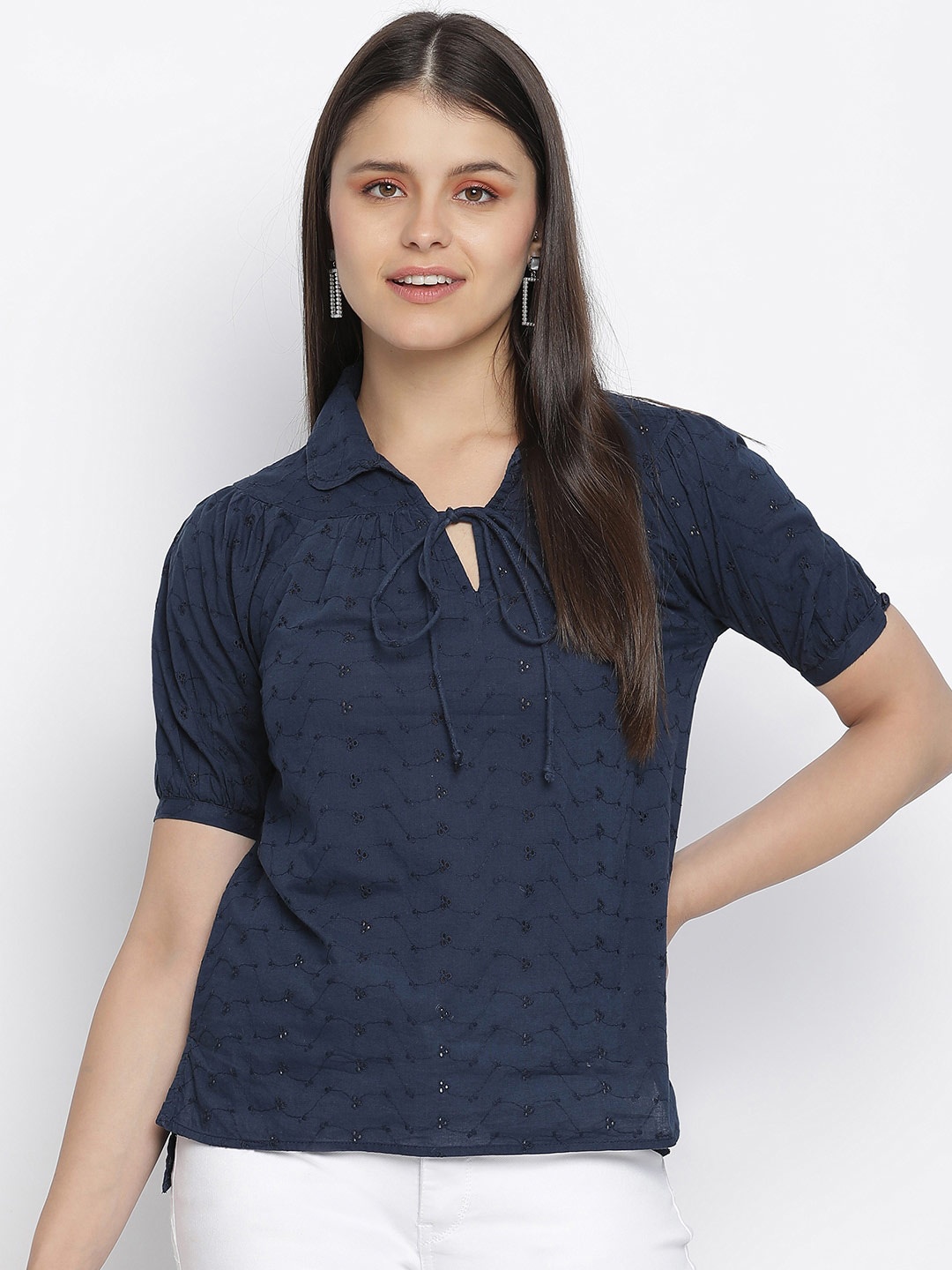 

Oxolloxo Navy Blue Tie-Up Neck Regular Top