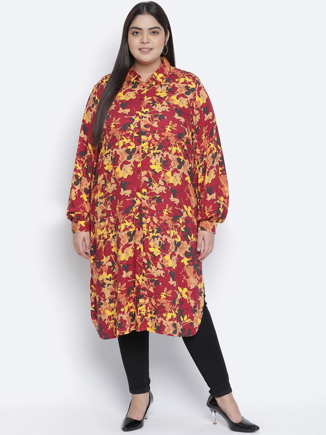 

Oxolloxo Maroon & Yellow Viscose Rayon Shirt Collar Printed Tunic