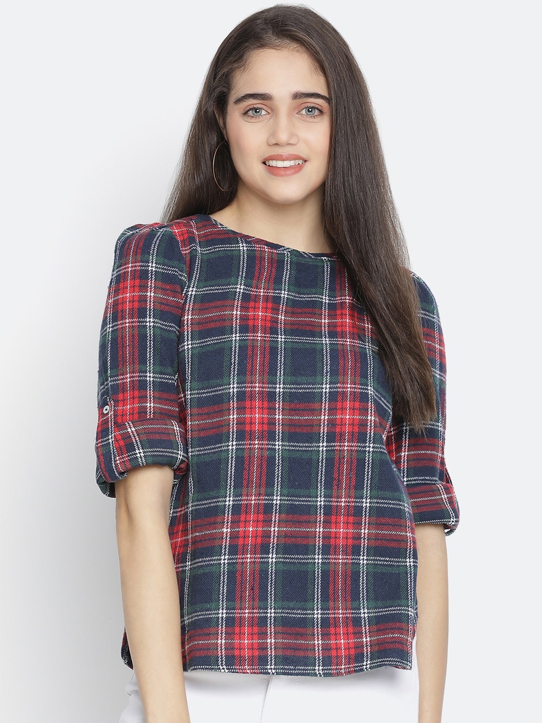 

Oxolloxo Multicoloured Checked Roll-Up Sleeves Cotton Regular Top, Multi