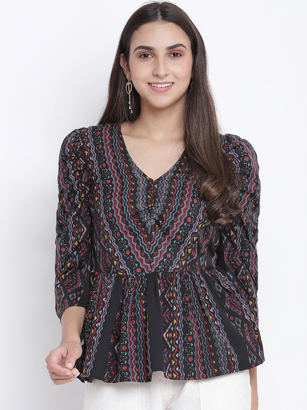 

Oxolloxo Women Multicoloured Printed Peplum Top, Multi